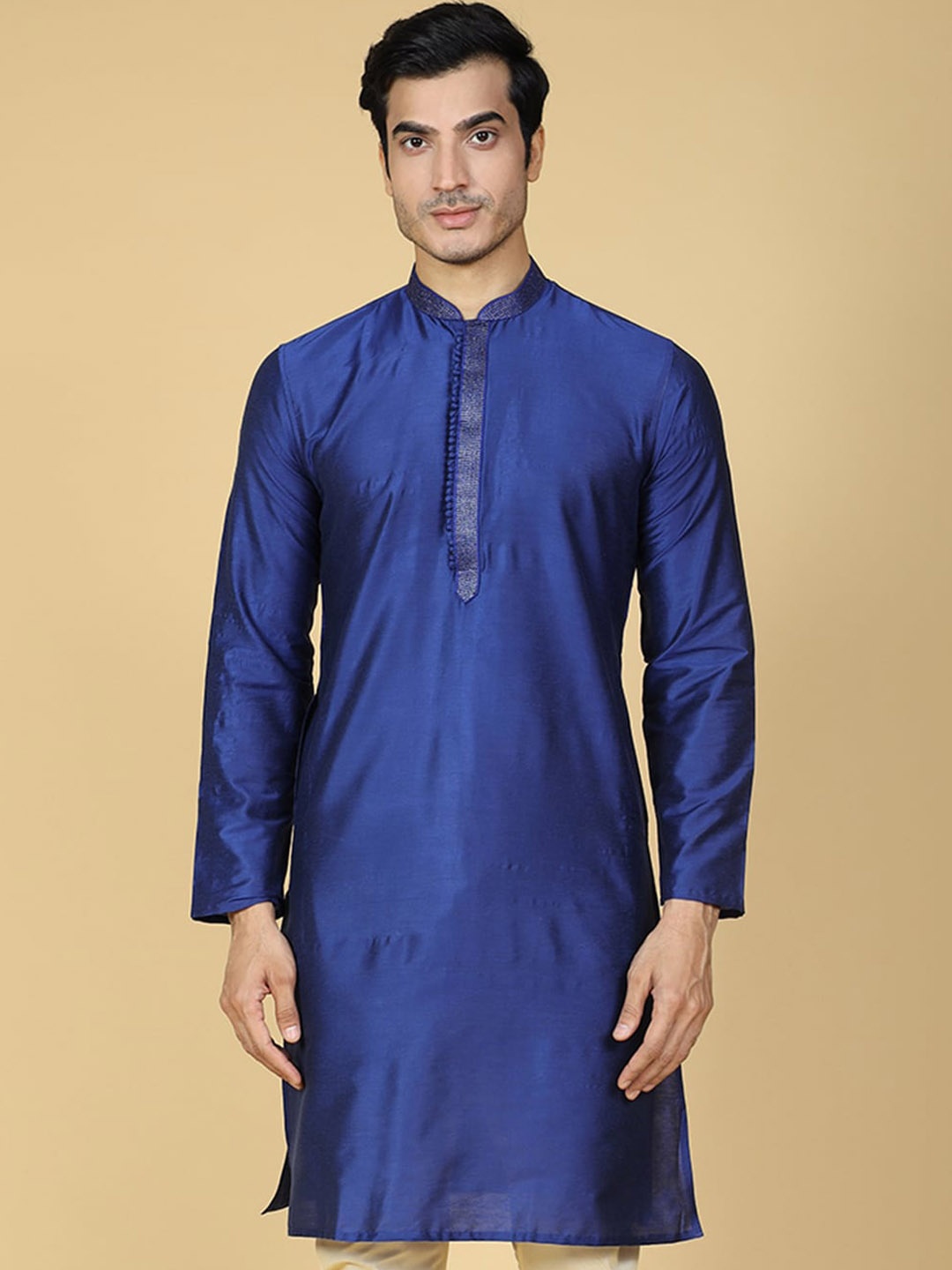 

Sultan The King Of Kurta Mandarin Collar Cotton Silk Straight Kurta, Blue
