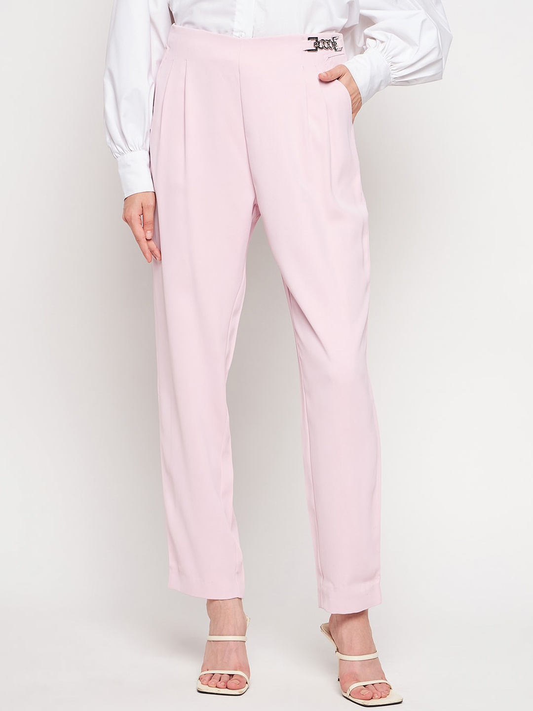 

Madame Women Mid-Rise Regular Fit Pleated Casual Trousers, Pink