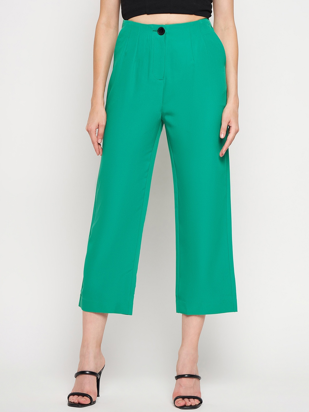 

Madame Women High-Rise Regular Fit Pleated Culottes Trousers, Green