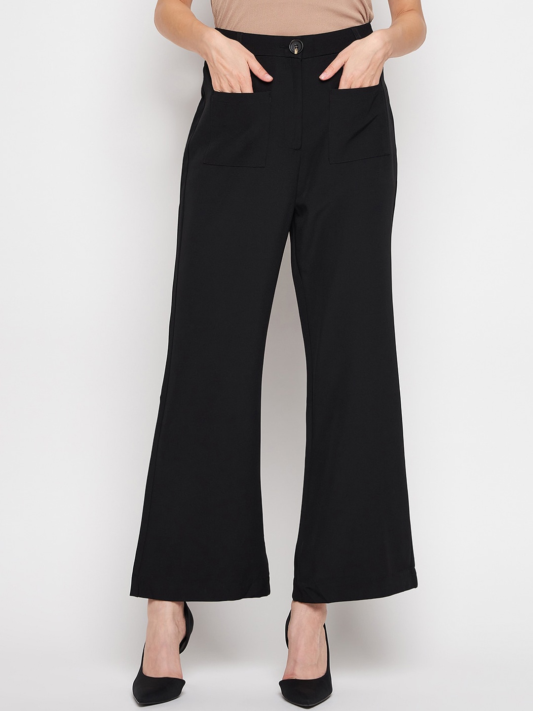 

Madame Women High-Rise Regular Fit Casual Parallel Trousers, Black