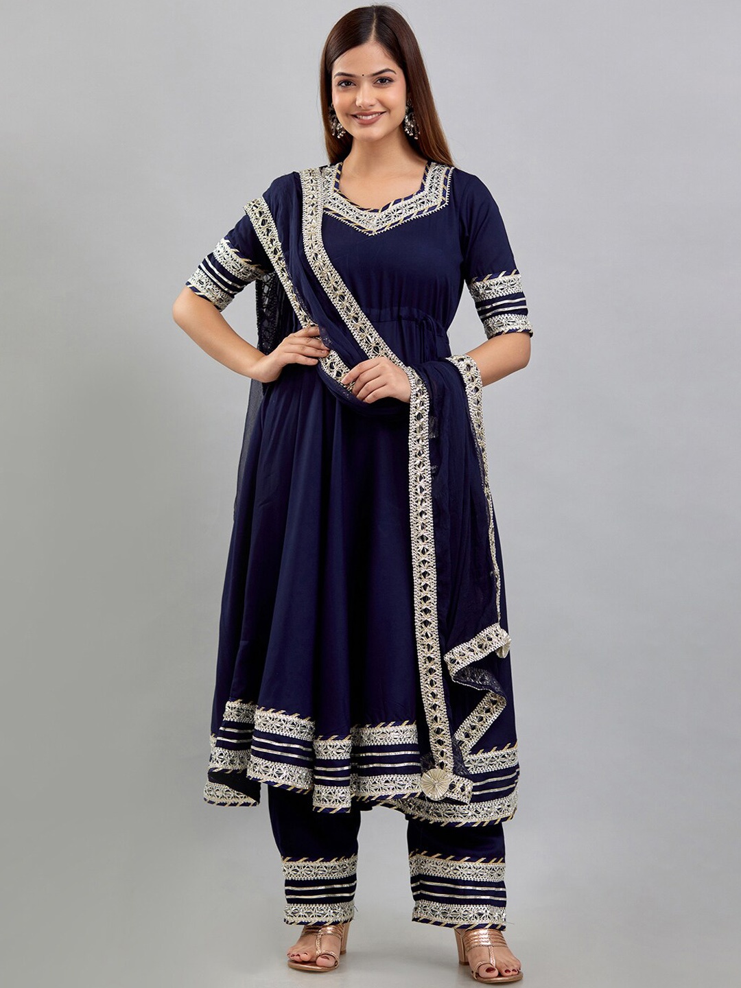 

Rudra Bazaar Square Neck Gotta Patti Anarkali Kurti with Trousers & Dupatta, Blue