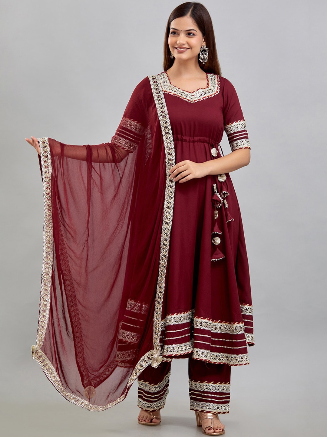 

Rudra Bazaar Square Neck Gotta Patti Anarkali Kurti with Trousers & Dupatta, Maroon