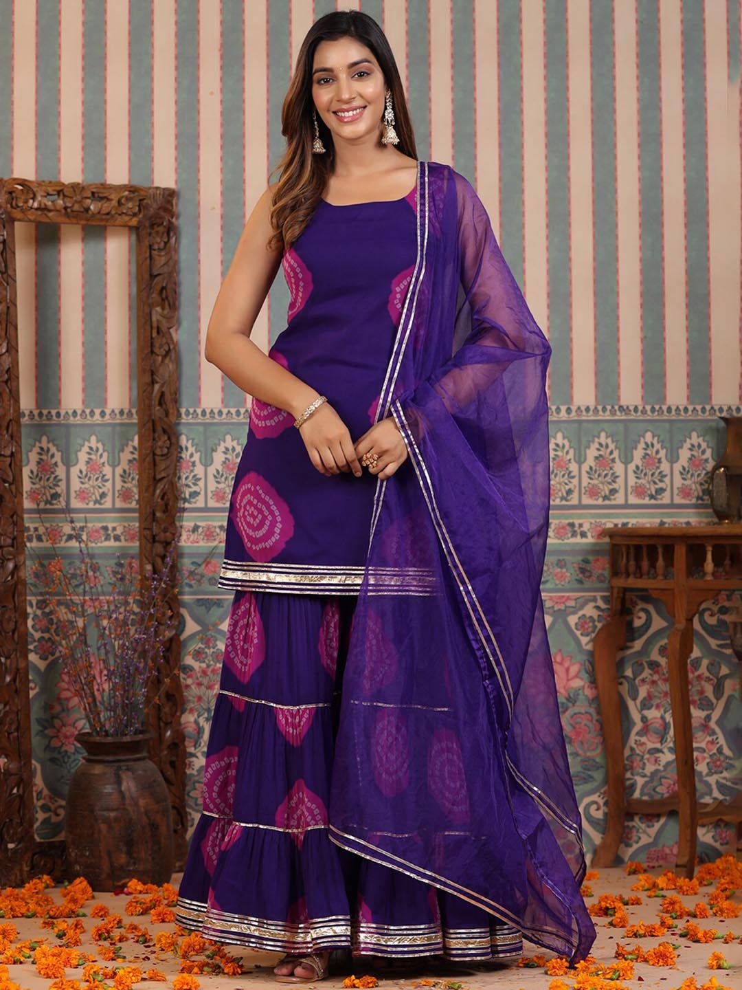 

Rangeelo Bandhani Printed Regular Straight Kurta & Sharara With Dupatta, Violet