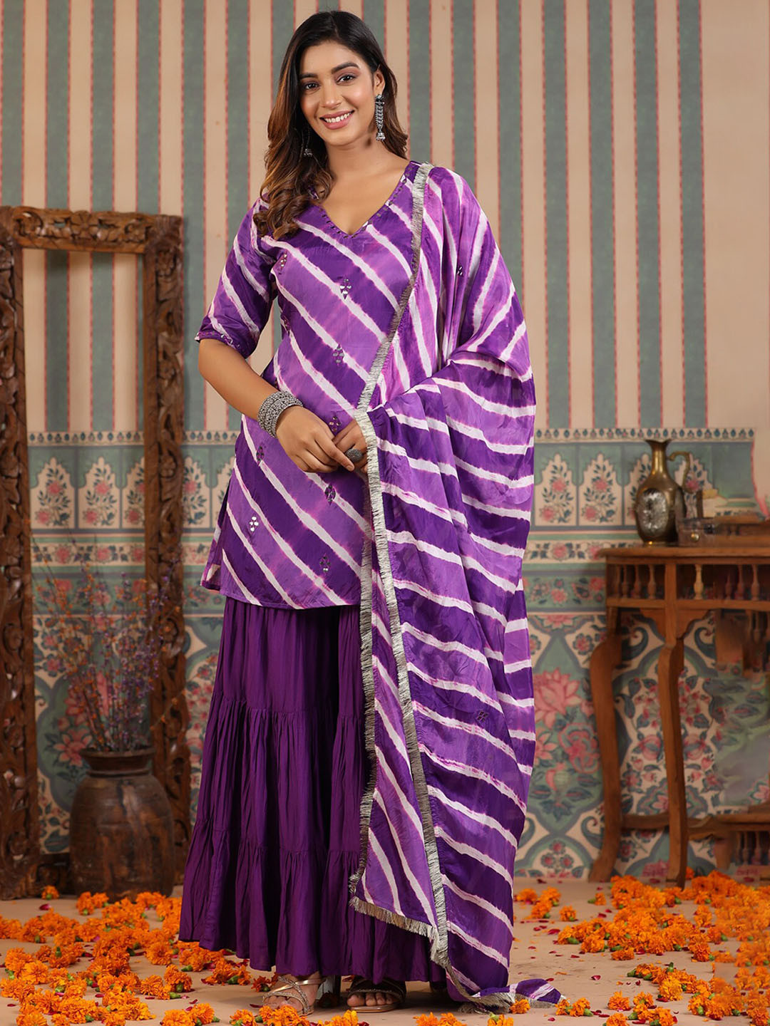 

Rangeelo Leheriya Printed Regular Mirror Work Straight Kurta & Sharara With Dupatta, Purple