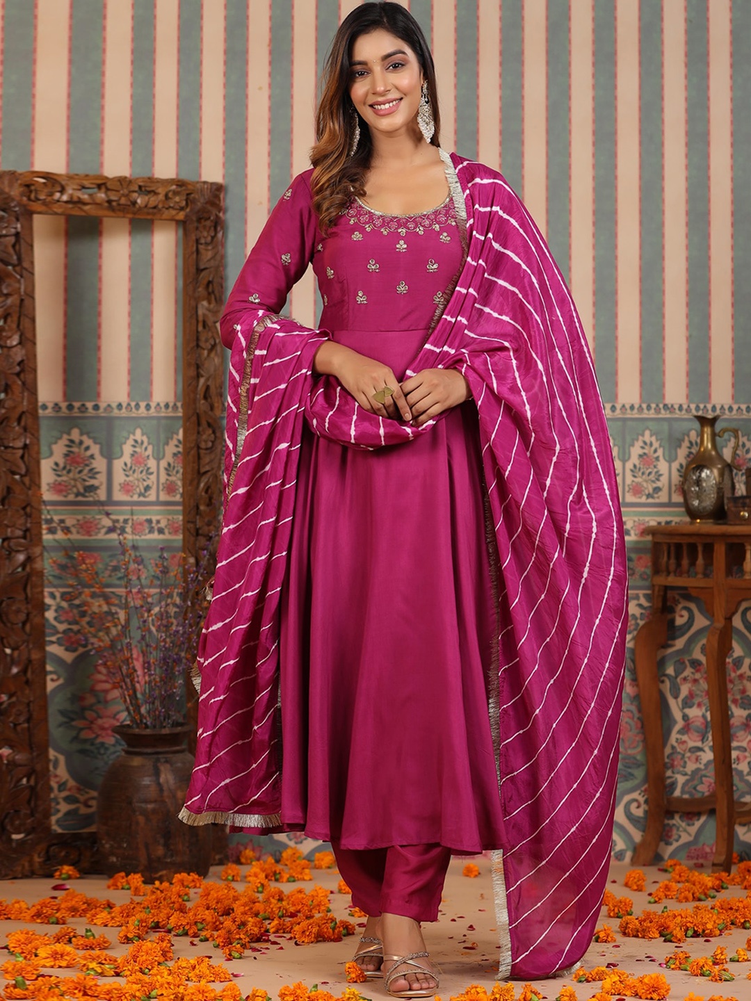 

Rangeelo Floral Yoke Design Anarkali Kurta with Trousers & Dupatta, Burgundy