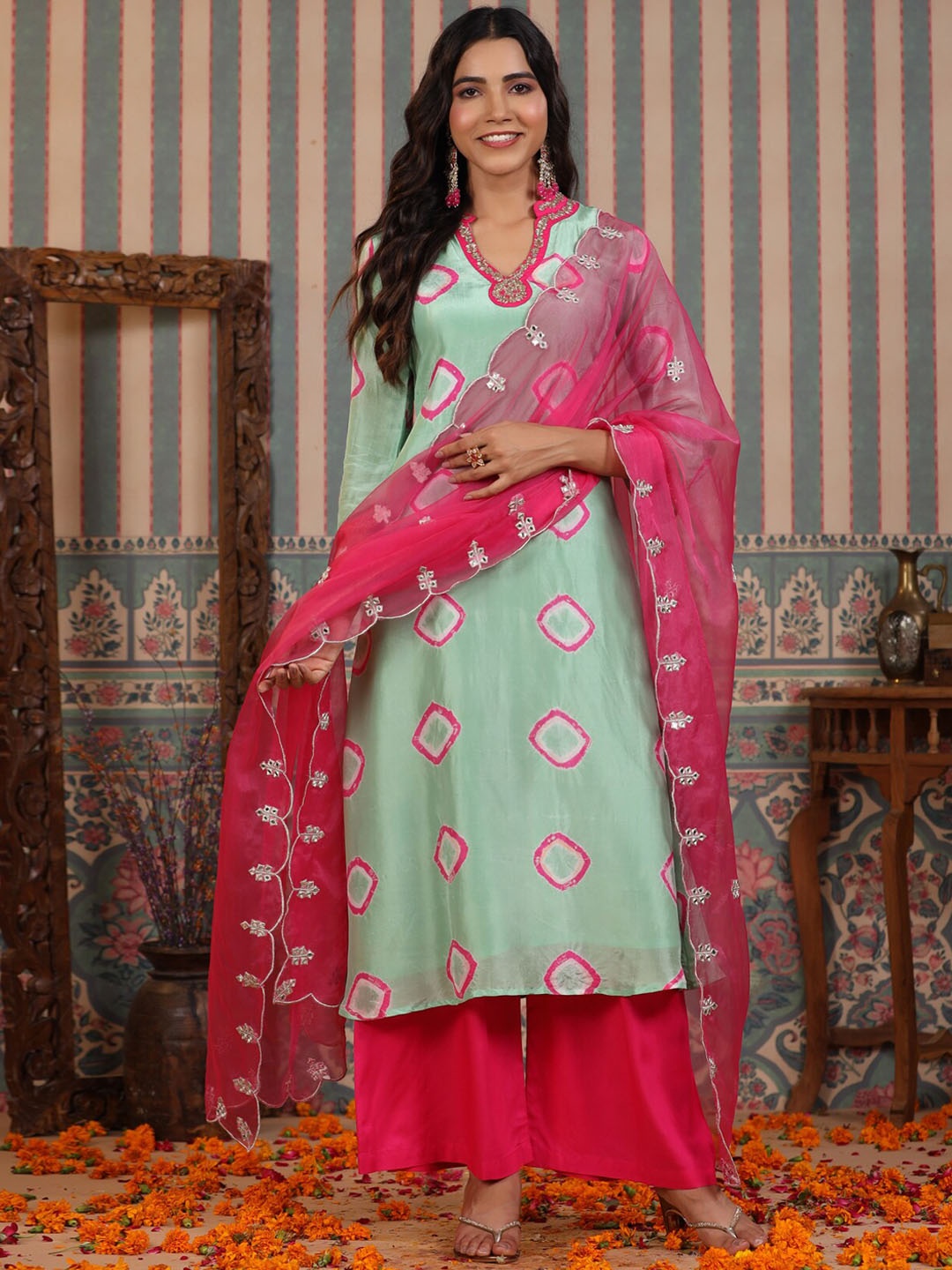 

Rangeelo Tie & Dyed Regular Thread Work A-Line Kurta with Palazzos & With Dupatta, Sea green