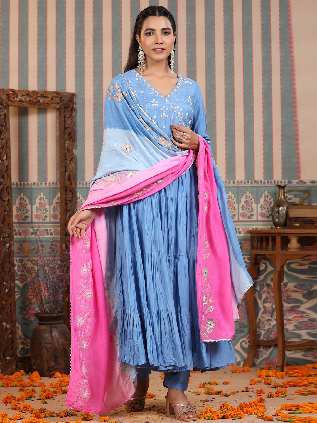 

Rangeelo Floral Embroidered Angrakha Thread Work Kurta with Trousers & With Dupatta, Blue