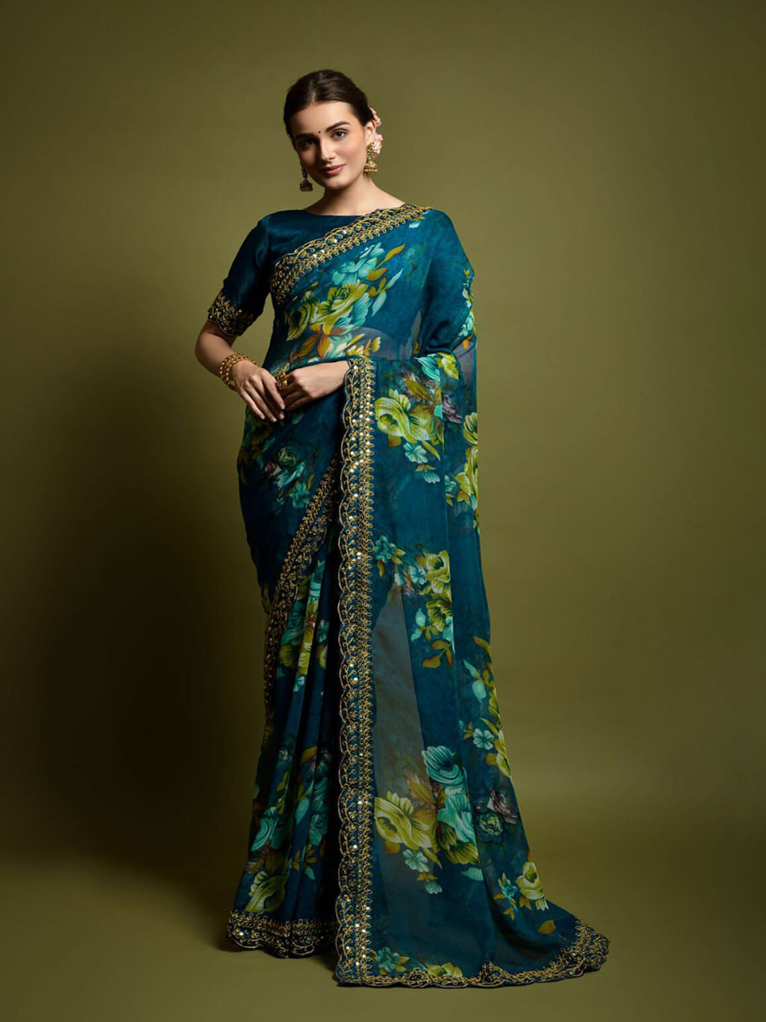 

Mitera Floral Embroidered Saree, Blue