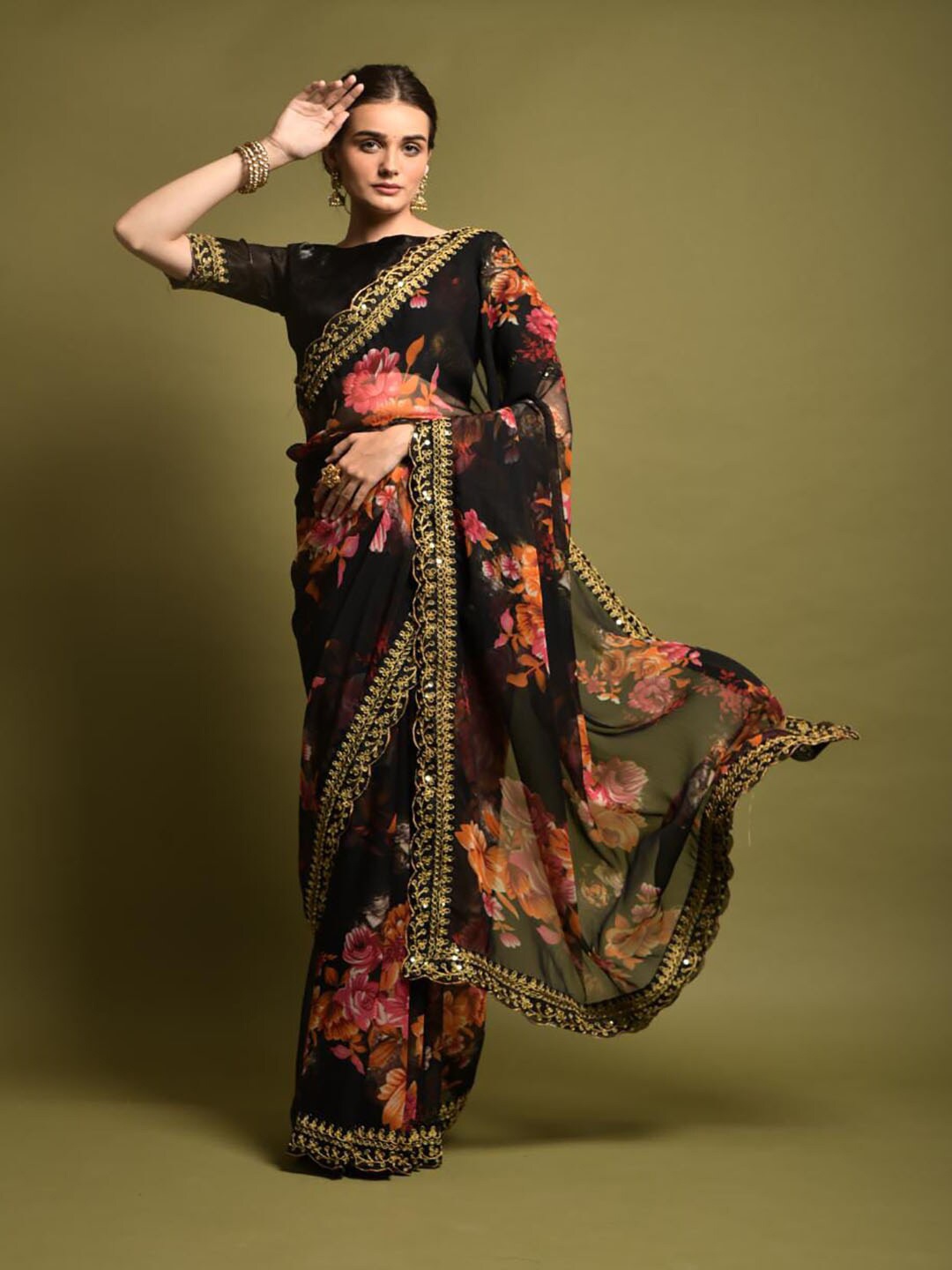

Mitera Floral Printed Sequinned Saree, Black