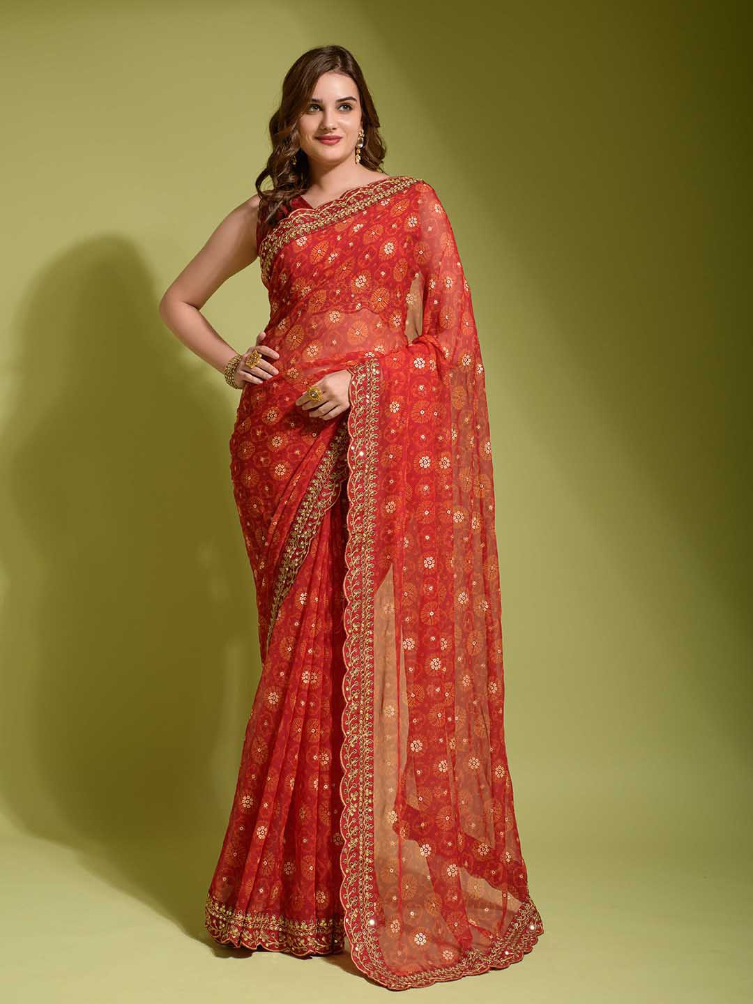 

Mitera Floral Printed Sequinned Saree, Red