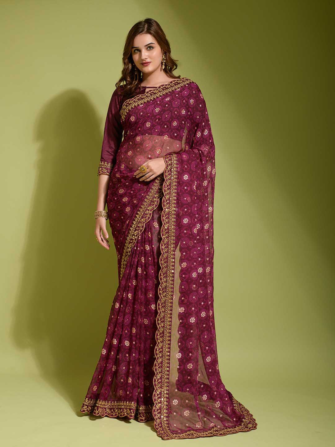 

Mitera Floral Printed Sequinned Saree, Purple