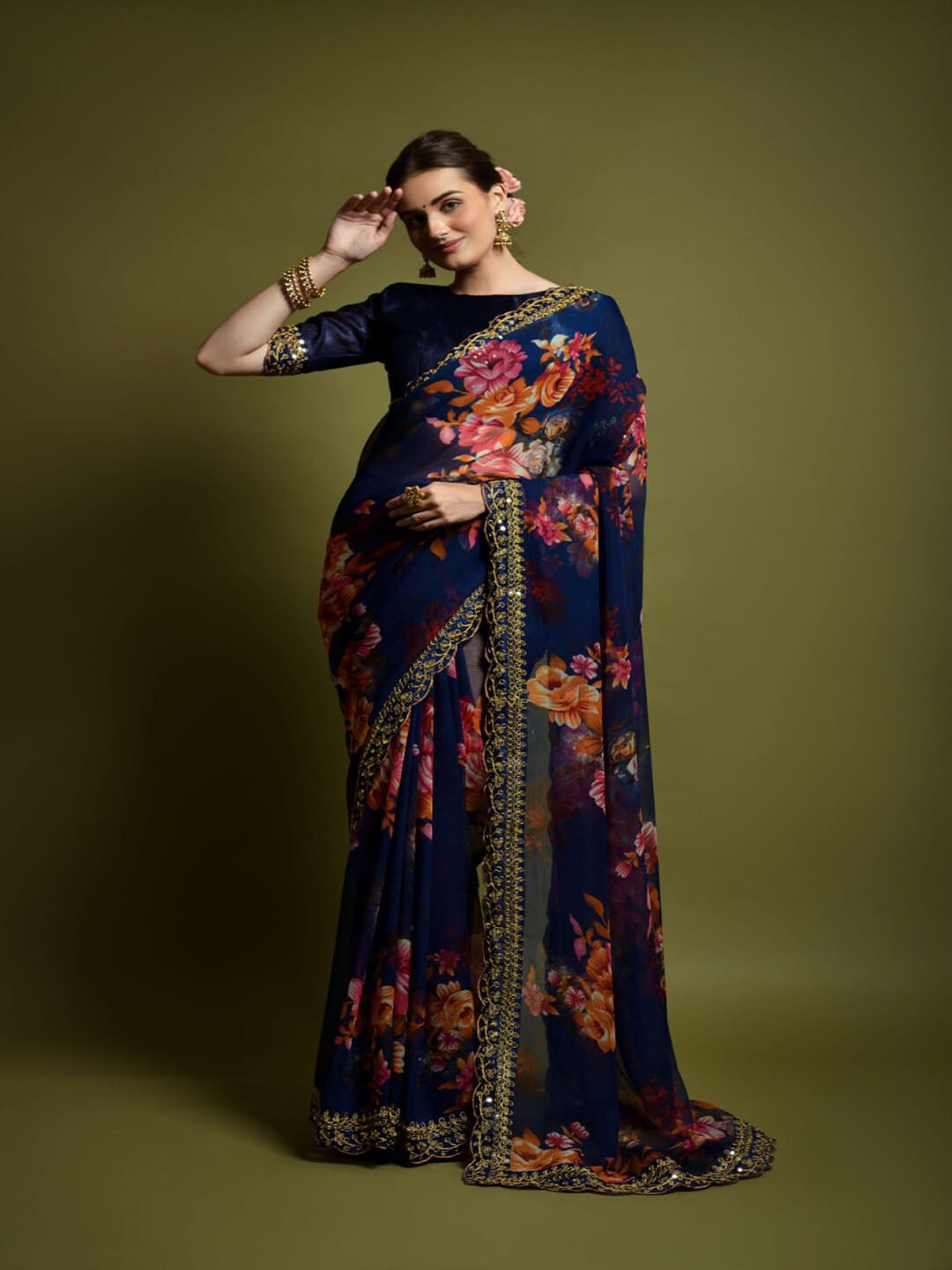 

Mitera Navy Blue & Pink Floral Embroidered Poly Georgette Saree