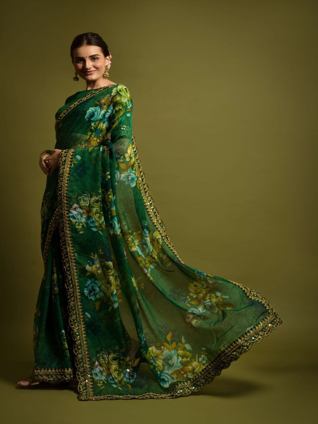 

Mitera Green & Blue Floral Sequinned Poly Georgette Saree