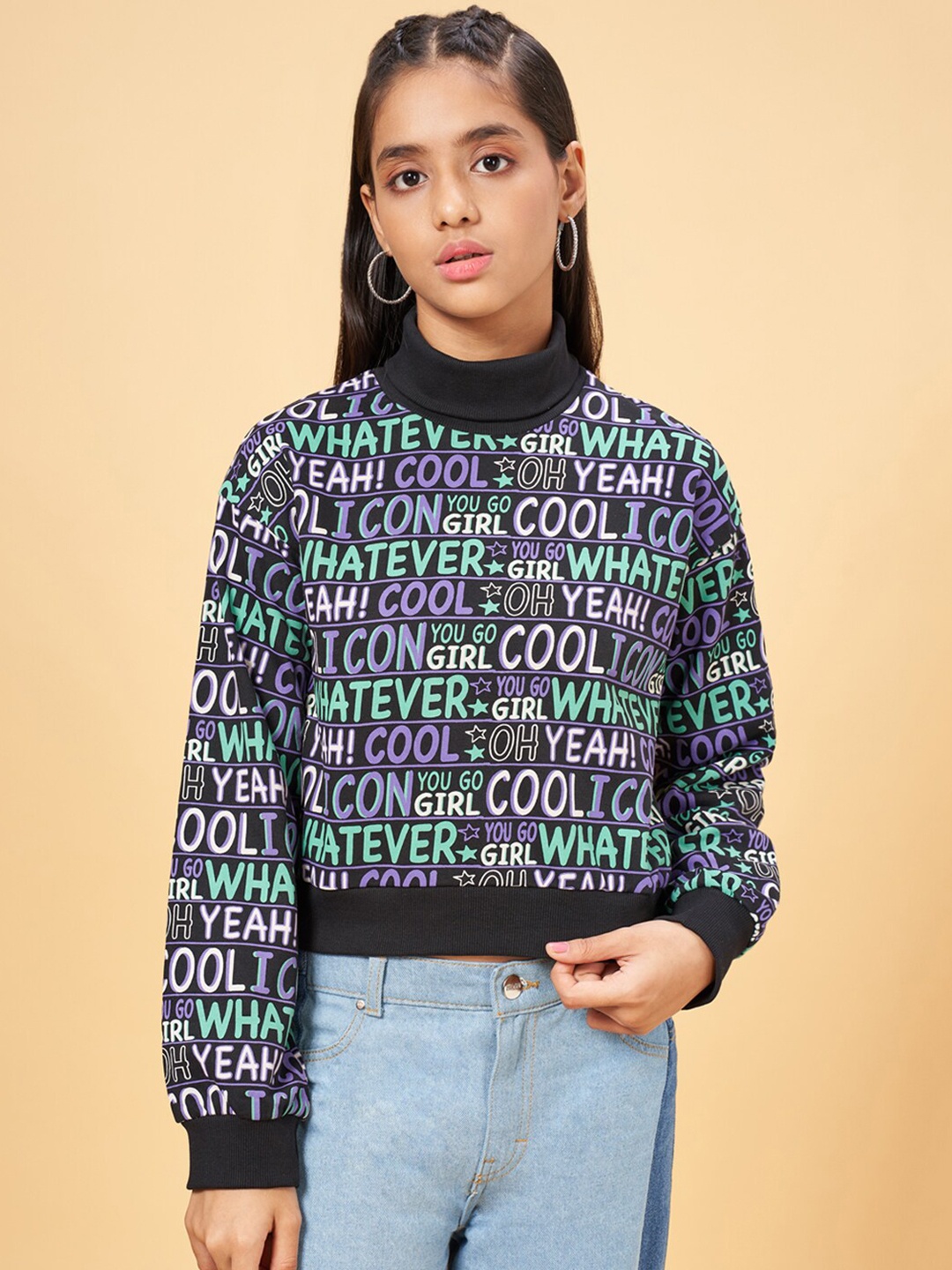 

Coolsters by Pantaloons Girls Typography Printed High Neck Cotton Pullover, Black