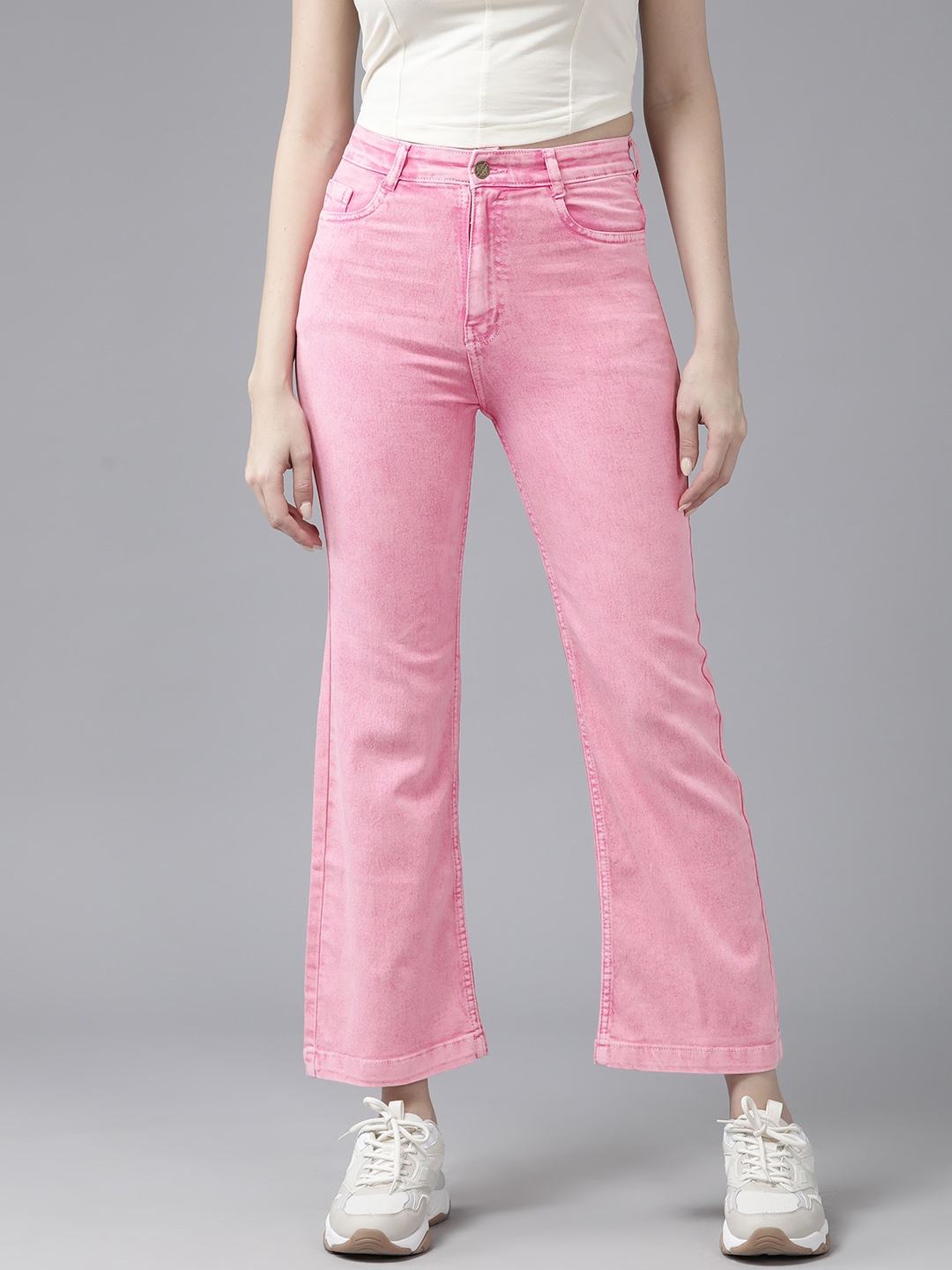 

The Roadster Life Co. Women Flared High-Rise Light Fade Stretchable Jeans, Pink