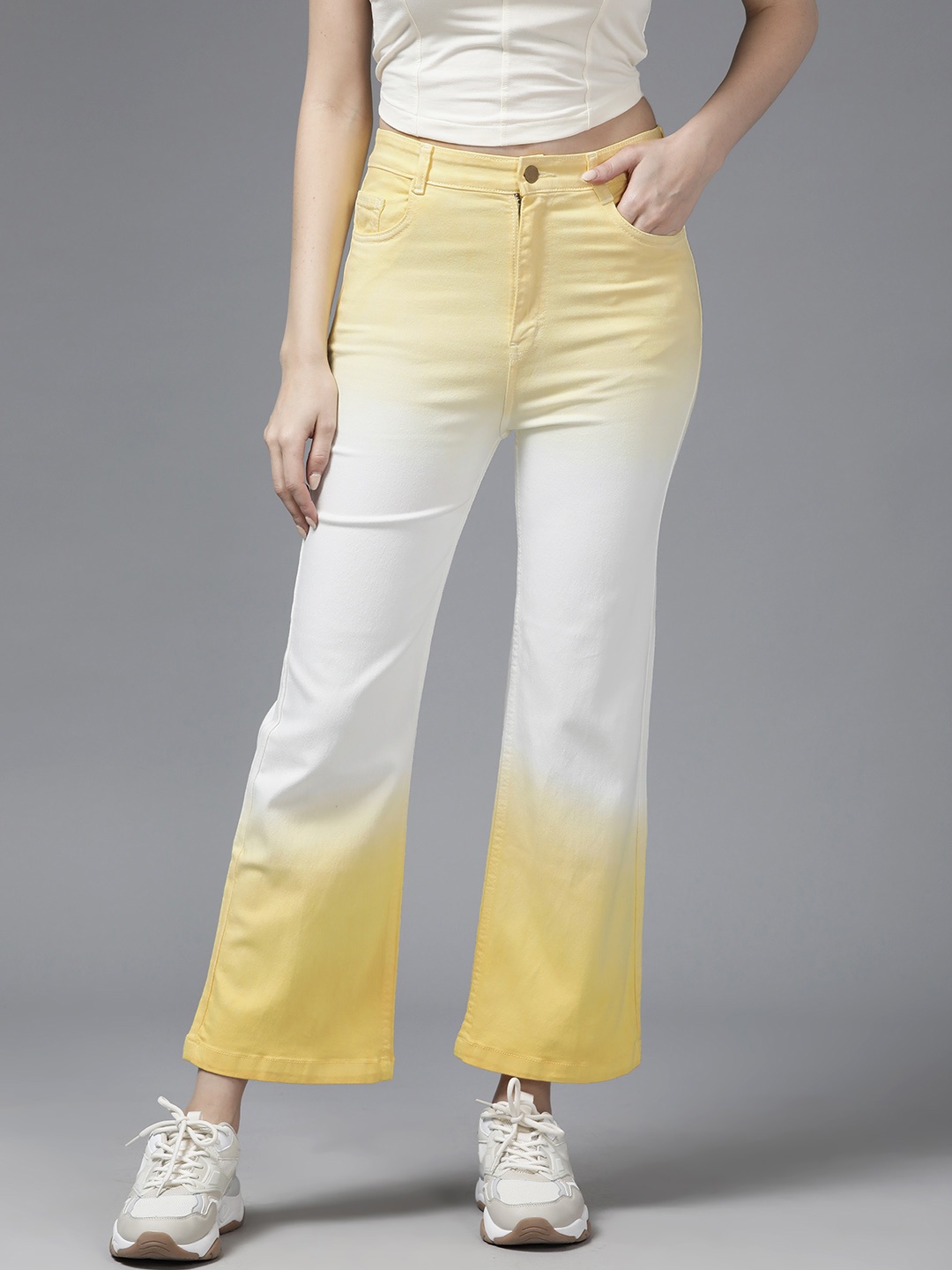 

The Roadster Life Co. Women Flared High-Rise Light Fade Stretchable Jeans, Yellow