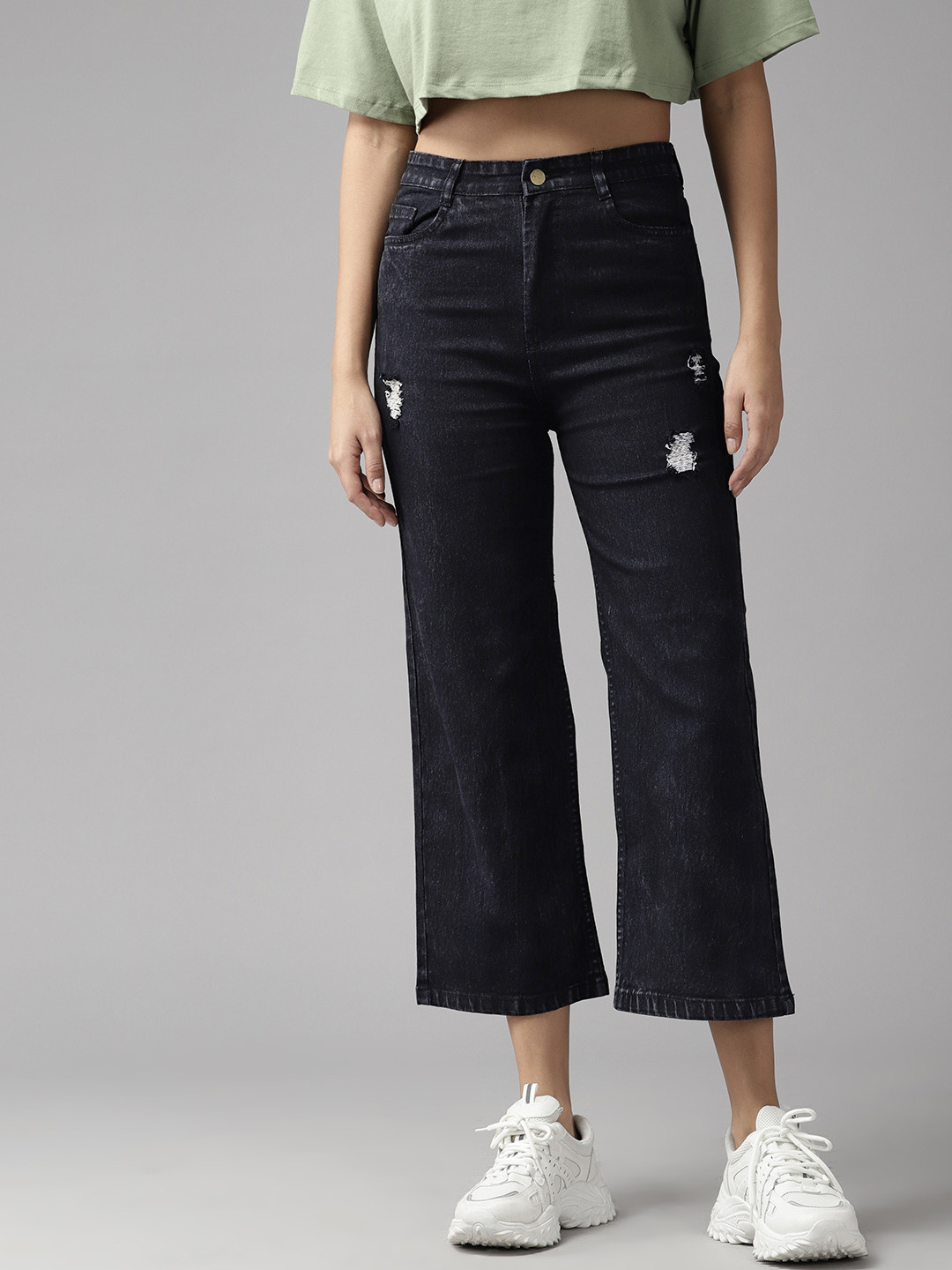 

Roadster Women Flared High-Rise Mildly Distressed Stretchable Jeans, Black