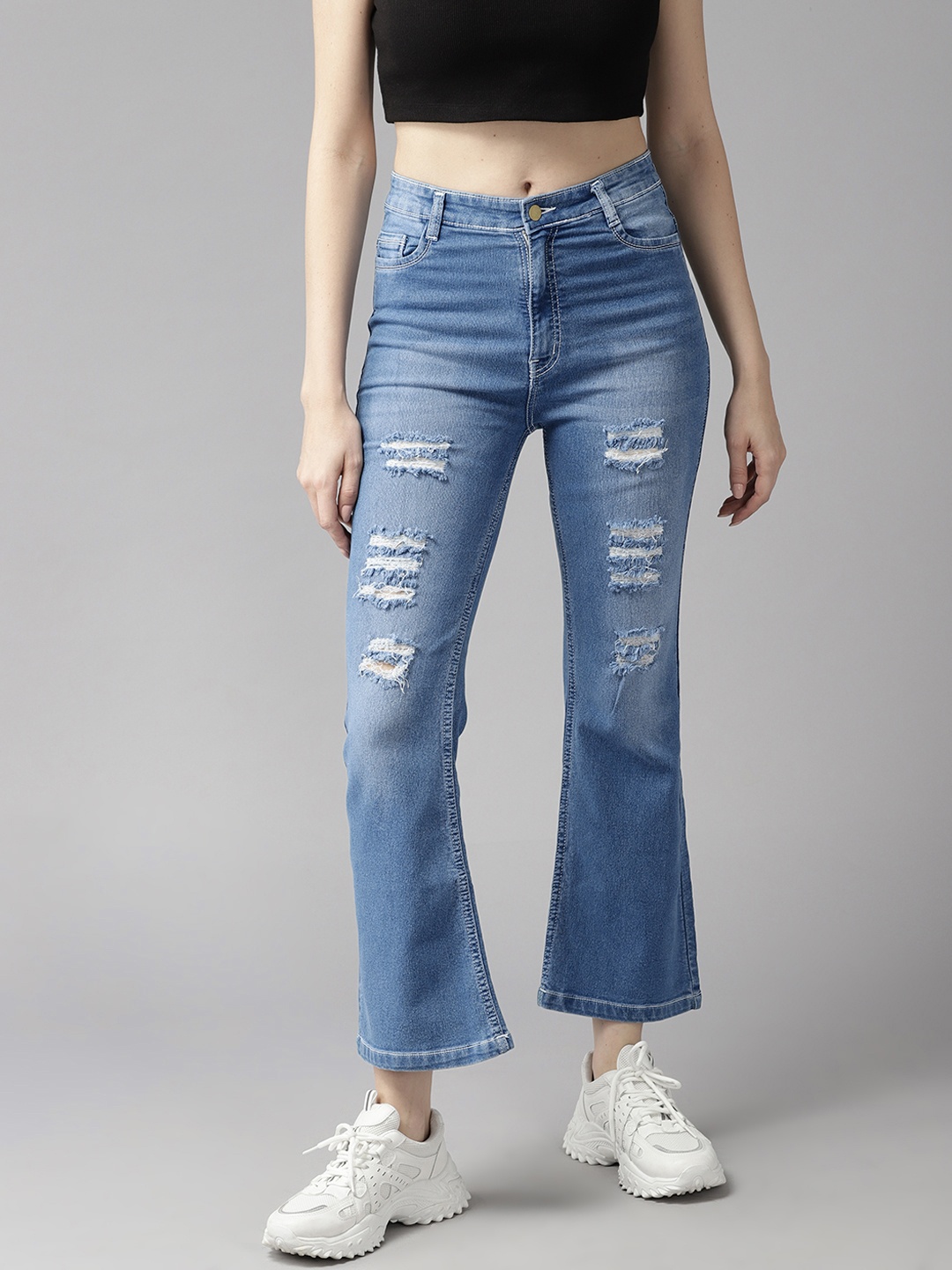 

Roadster Women Bootcut High-Rise Slash Knee Light Fade Stretchable Jeans, Blue