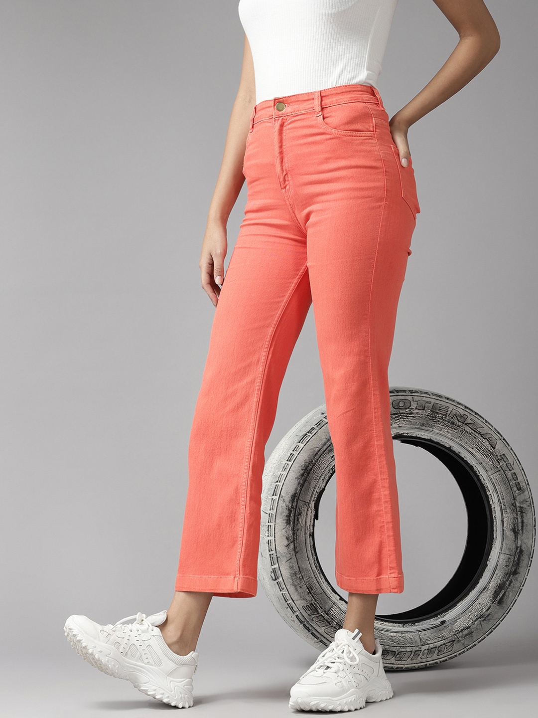 

The Roadster Life Co. Women Flared High-Rise Stretchable Jeans, Coral
