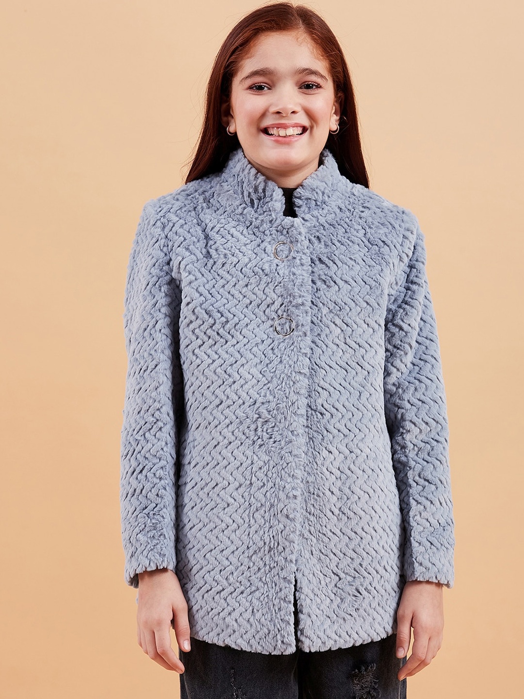 

Ben & Joe Girls Self-Design Faux Fur Mock Collar Single-Breasted Overcoat, Blue
