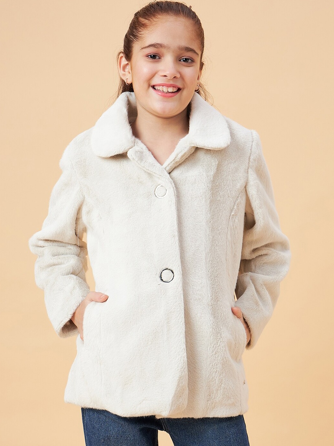 

Ben & Joe Spread Collar Single-Breasted Faux Fur Overcoat, Off white