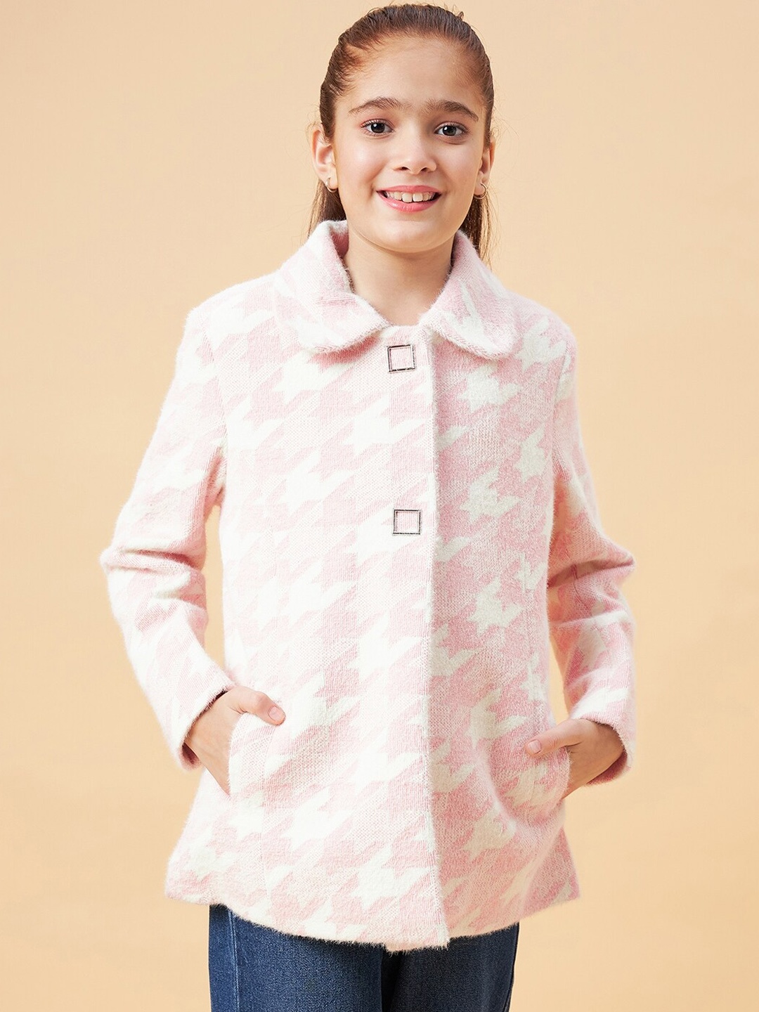 

Ben & Joe Girls Shirt Collar Self Design Faux Fur Overcoat, Pink