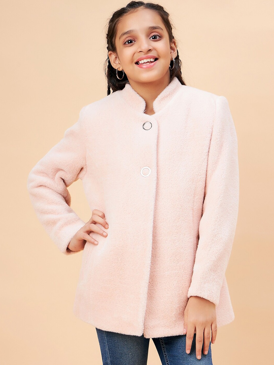 

Ben & Joe Girls Stand Collar Self-Design Faux Fur Overcoat, Pink