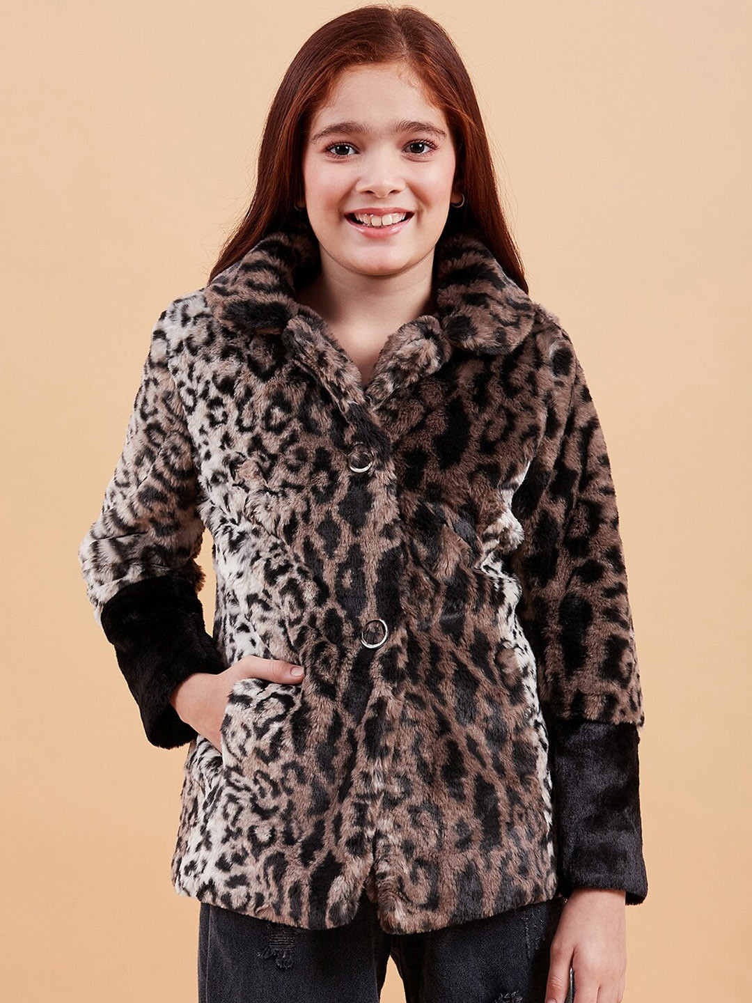 

Ben & Joe Girls Self Design Single Breasted Faux Fur Overcoat, Black