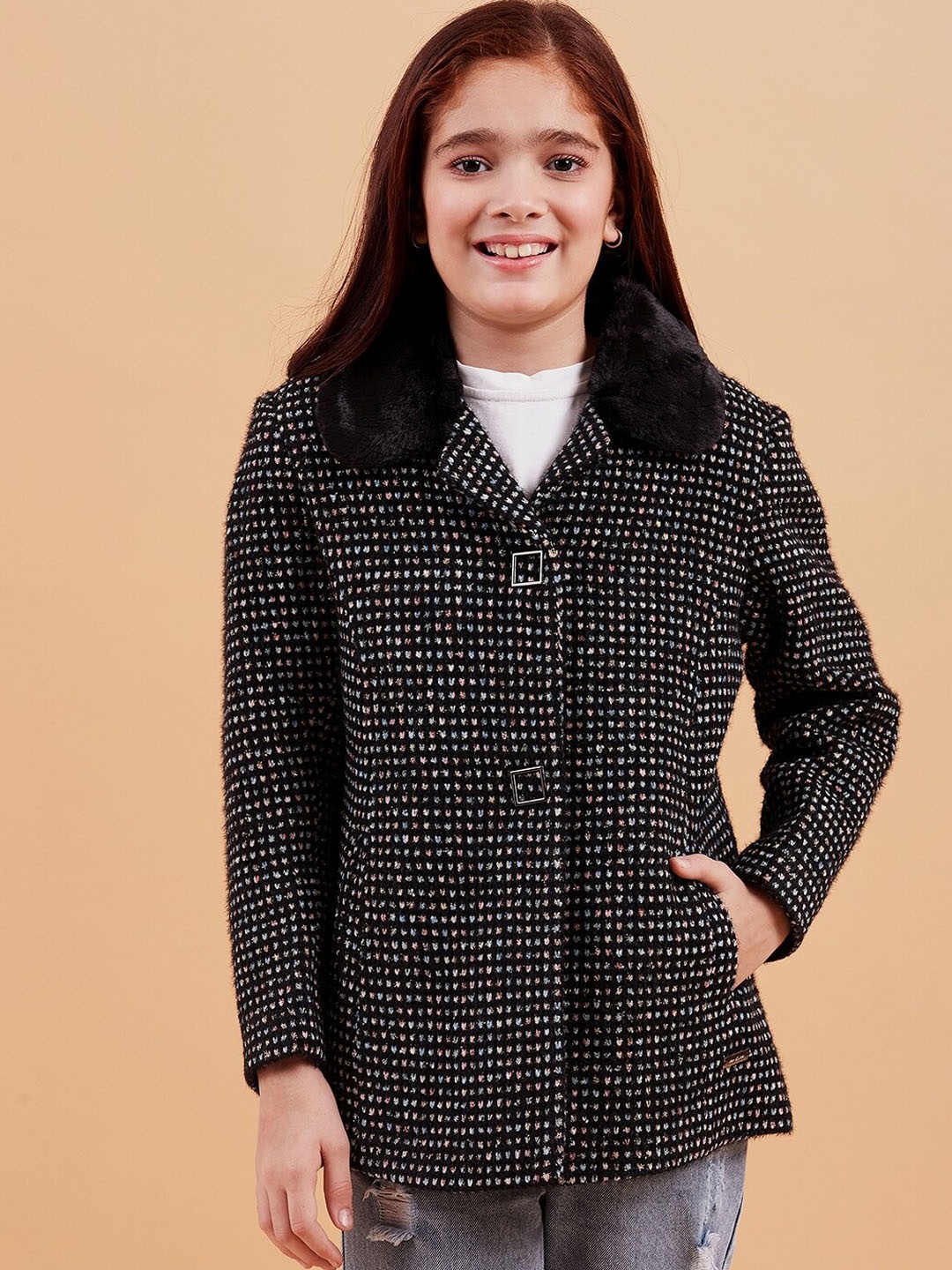 

Ben & Joe Girls Self Design Overcoat, Black