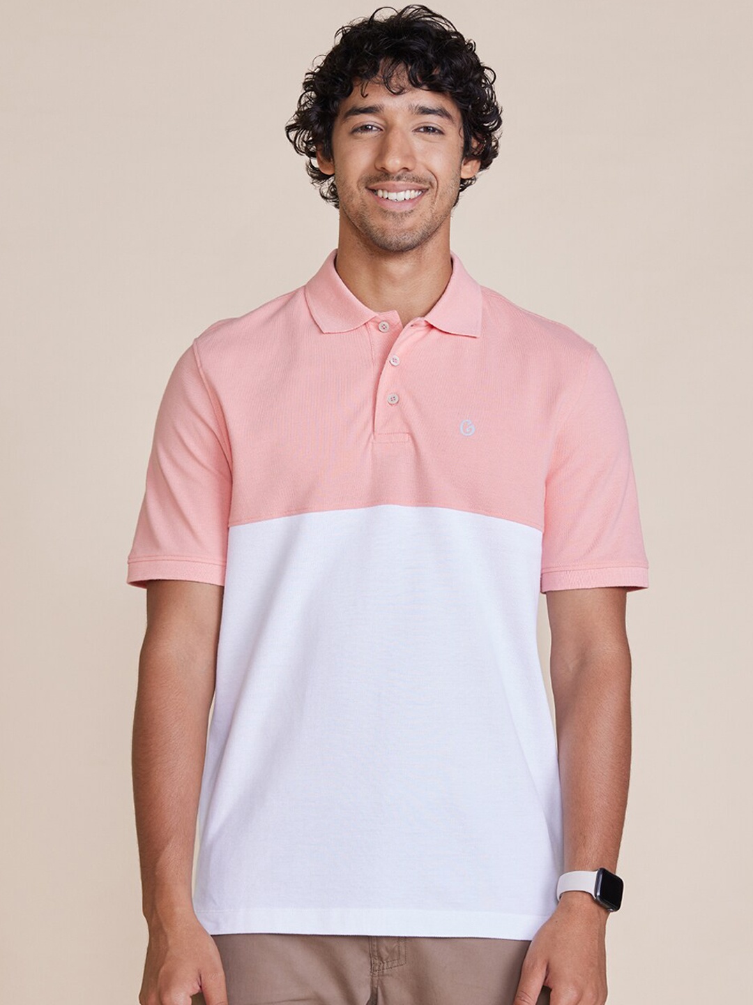 

Gloot Colourblocked Polo Collar Pure Cotton T-shirt, Pink