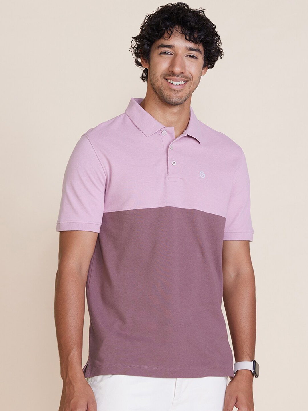 Gloot Colourblocked Polo Collar Cotton T-Shirt, Lavender