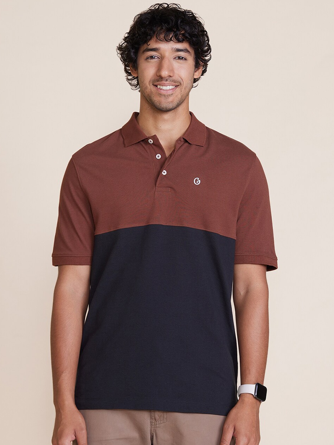Gloot Colourblocked Polo Collar Cotton T-Shirt, Brown