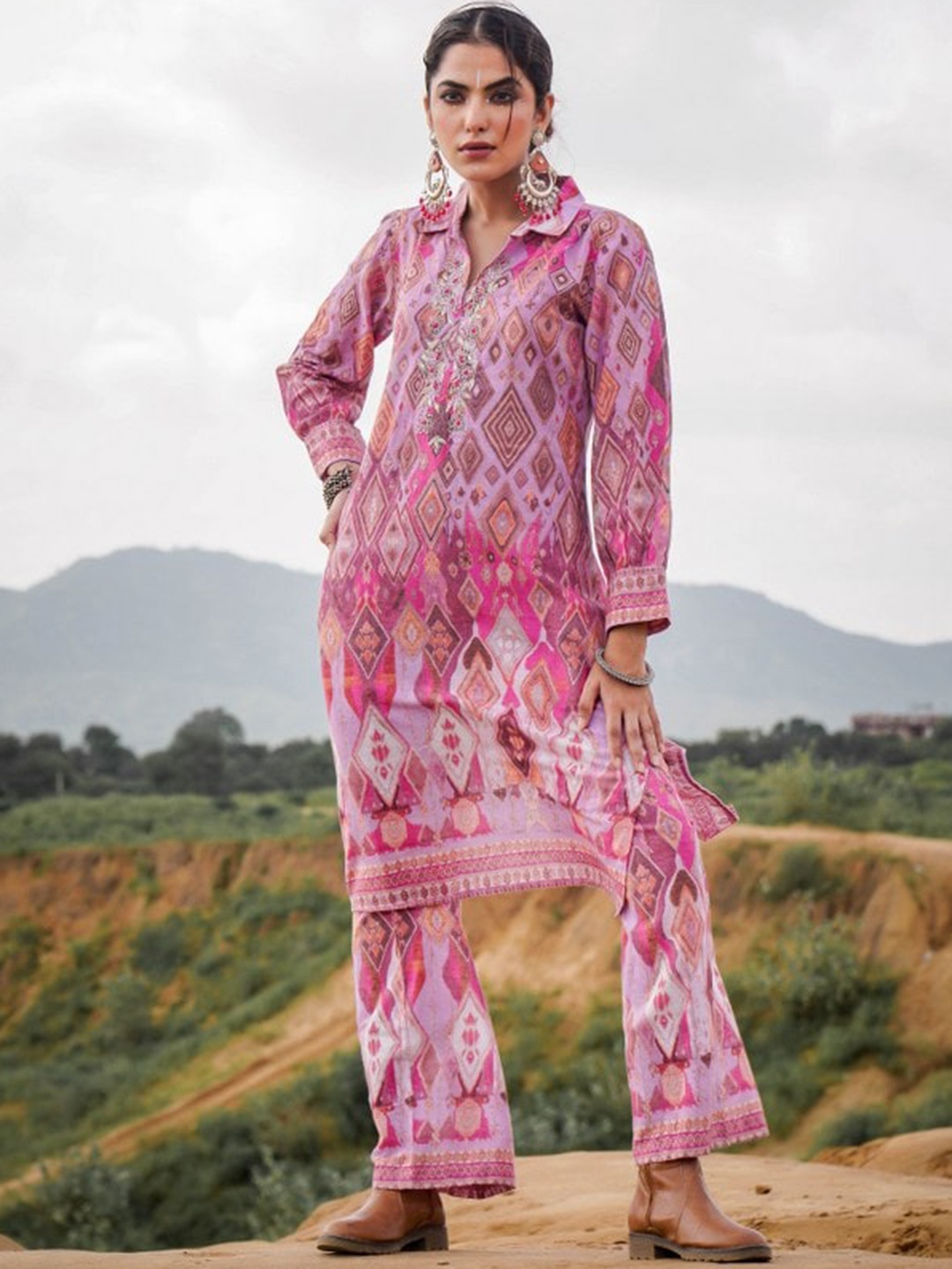 

Zolo Label Ethnic Motif Printed Shirt Collar Pure Cotton Top & Trousers Co-Ords, Pink