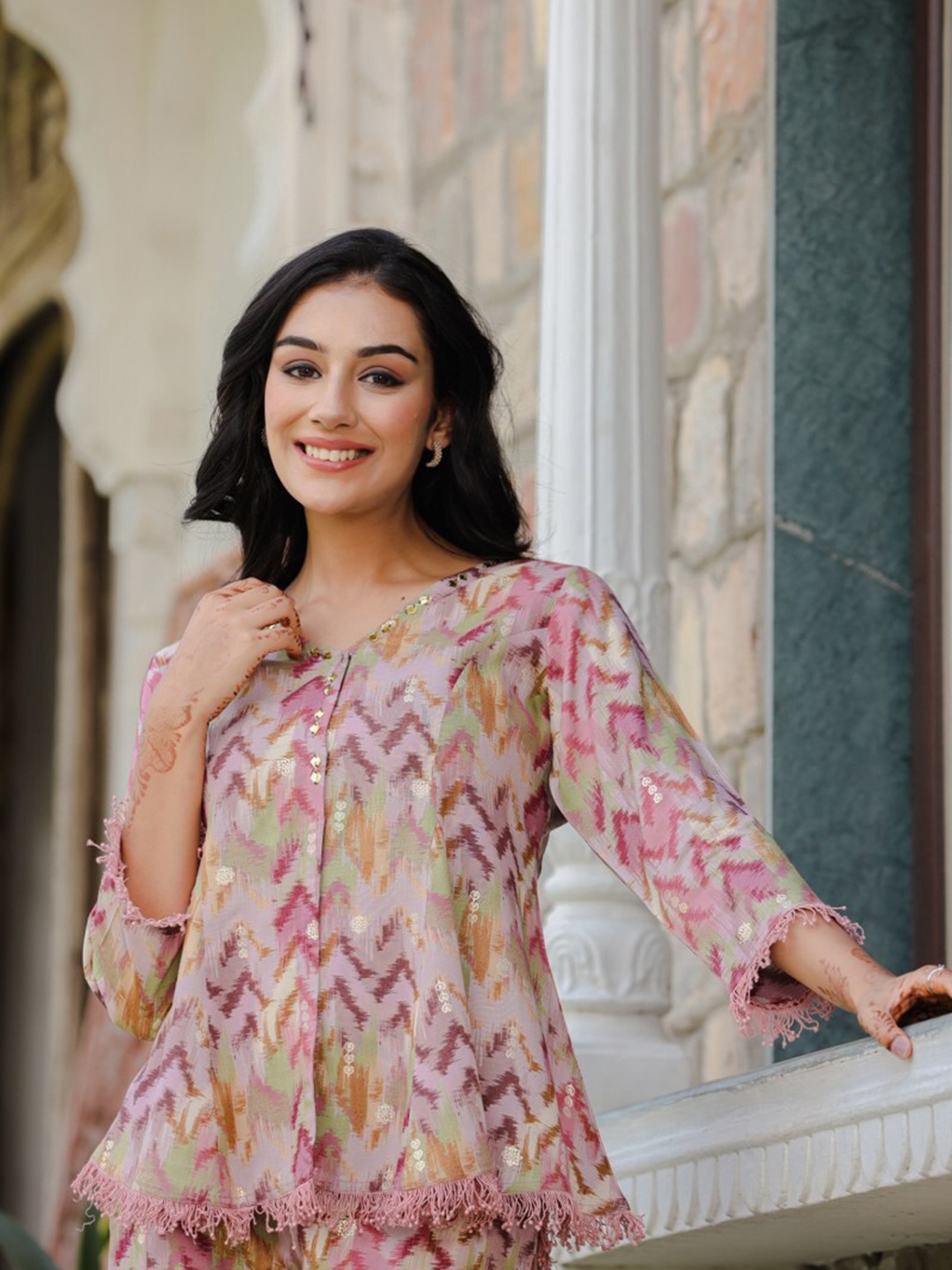 

Zolo Label Printed Muslin Top With Flared Palazzos Co-Ords, Pink