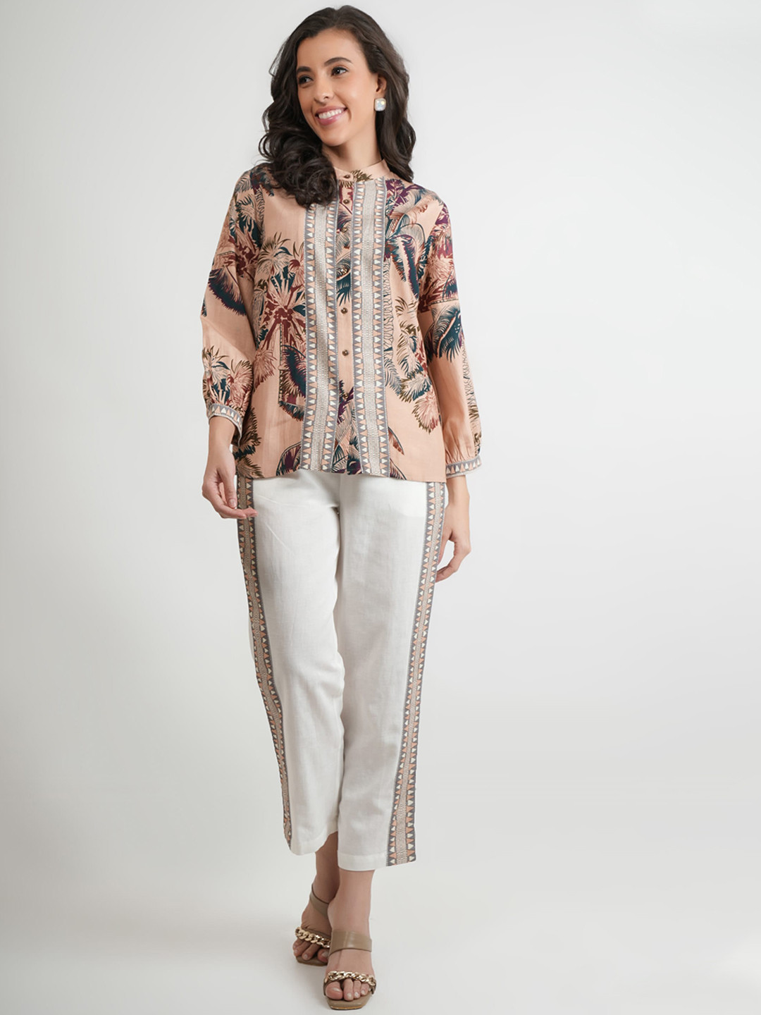 

Zolo Label Ethnic Motif Printed Band Collar Shirt & Trousers Co-Ords, Peach