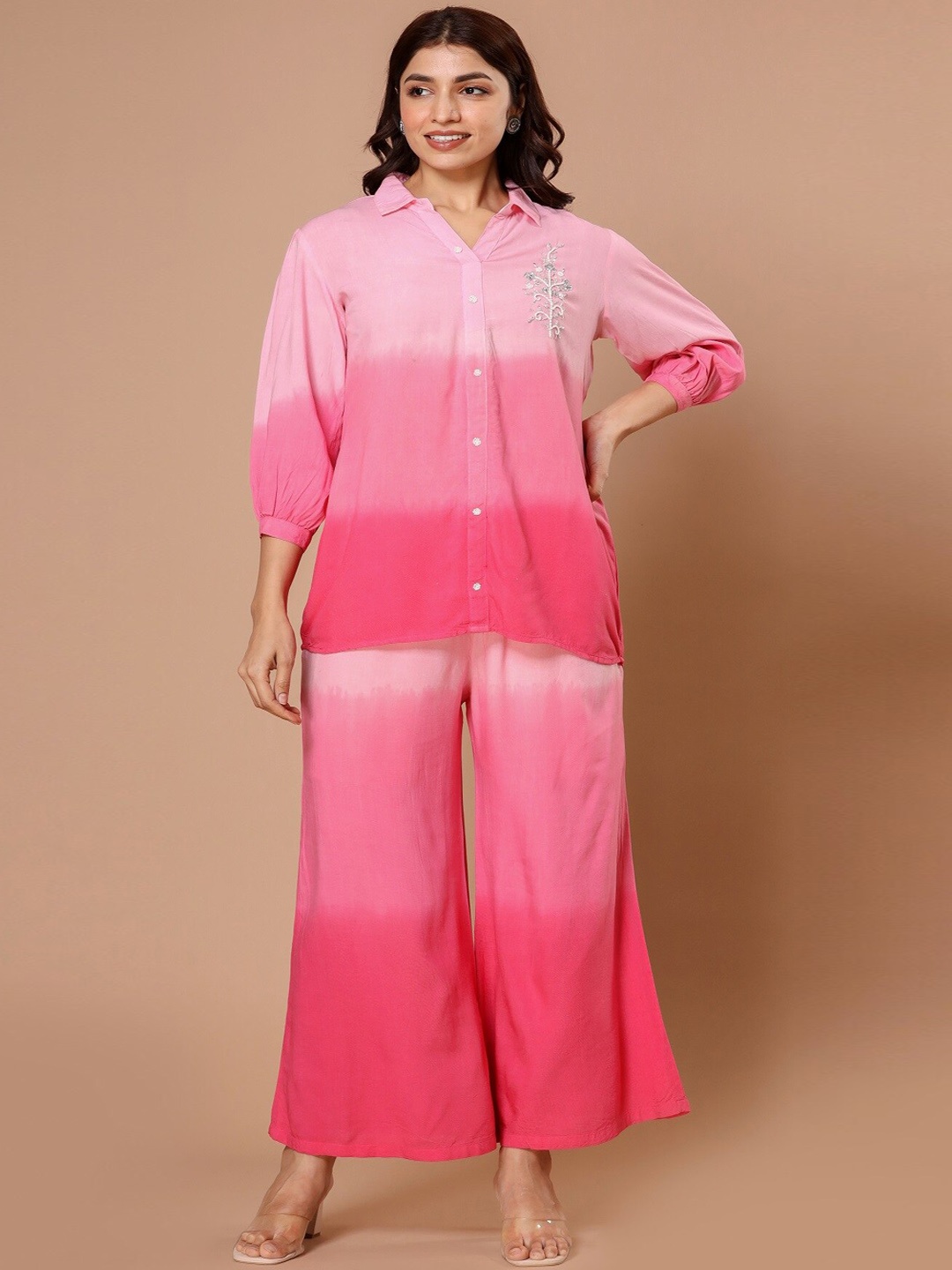

Zolo Label Ombre Shirt Collar Shirt & Palazzos Co-Ords, Pink