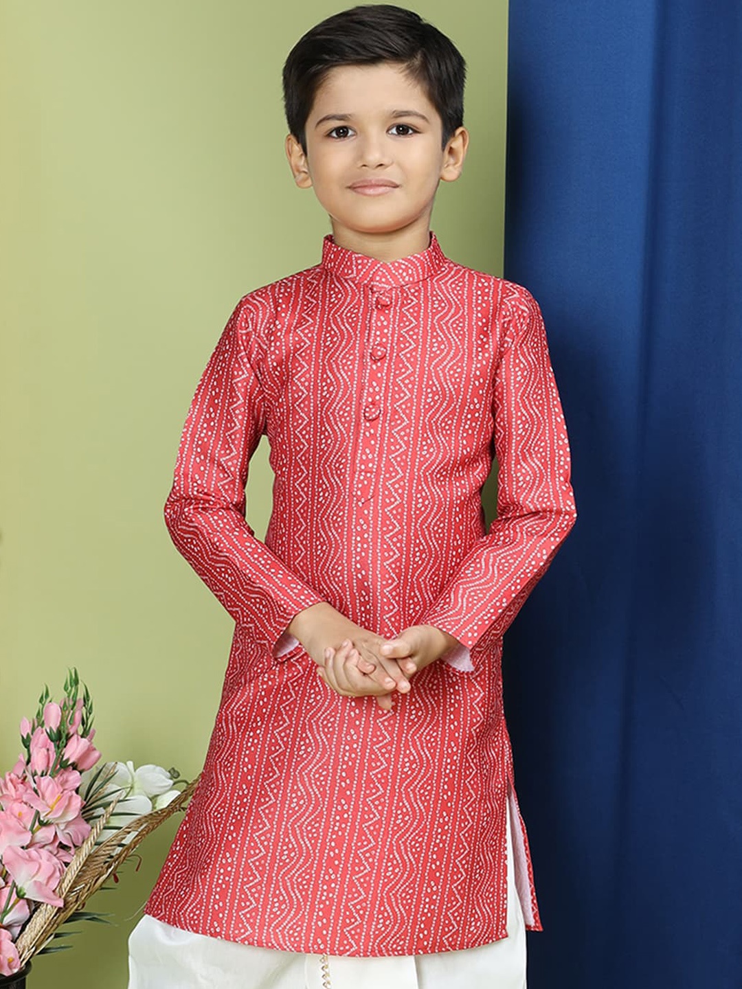 

TABARD Boys Bandhani Printed Mandarin Collar Cotton Straight Kurta, Red