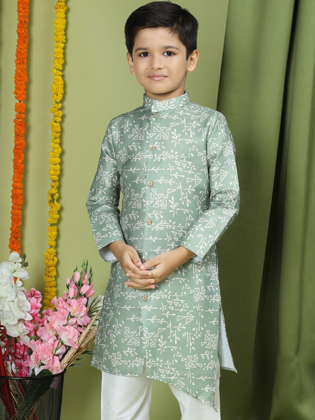 

TABARD Boys Ethnic Motifs Printed Mandarin Collar Cotton Kurta, Sea green