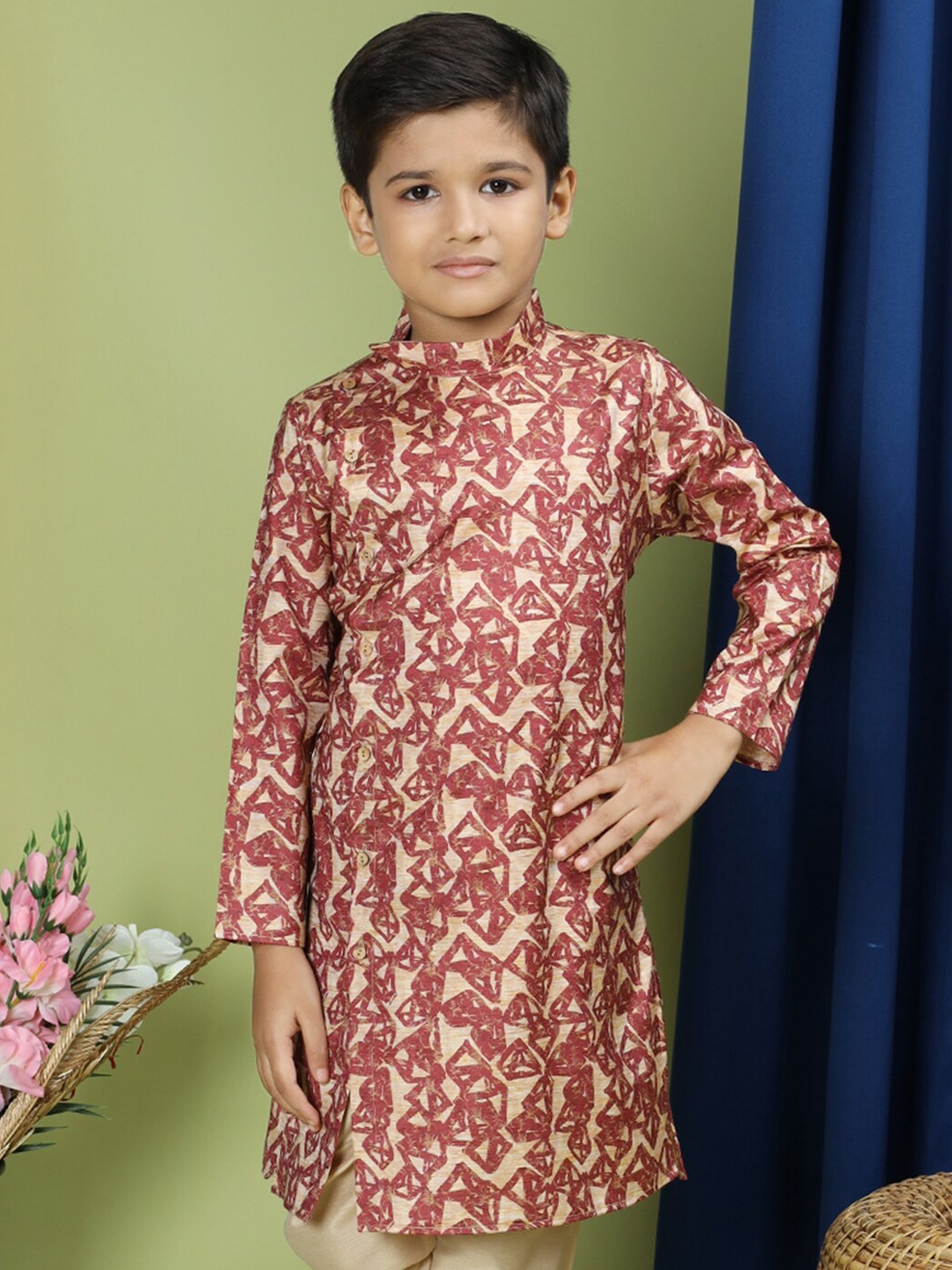 

TABARD Boys Abstract Printed Mandarin Collar Angrakha Cotton Kurta, Red