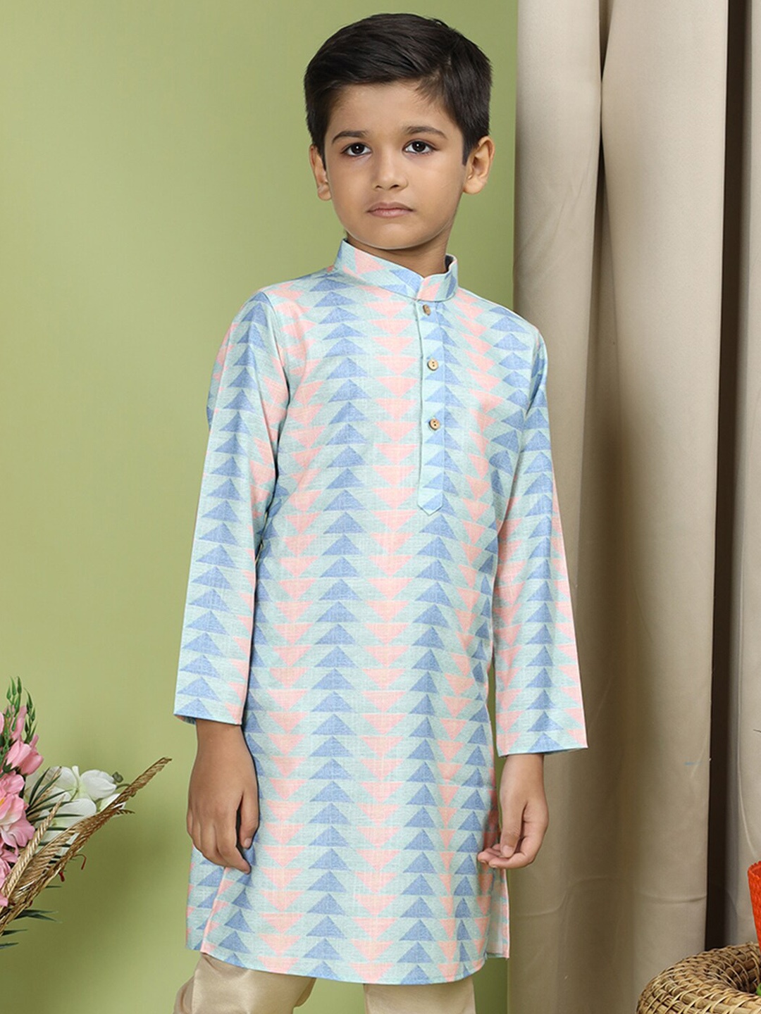 

TABARD Boys Geometric Printed Band Collar Pure Cotton Straight Kurta, Sea green
