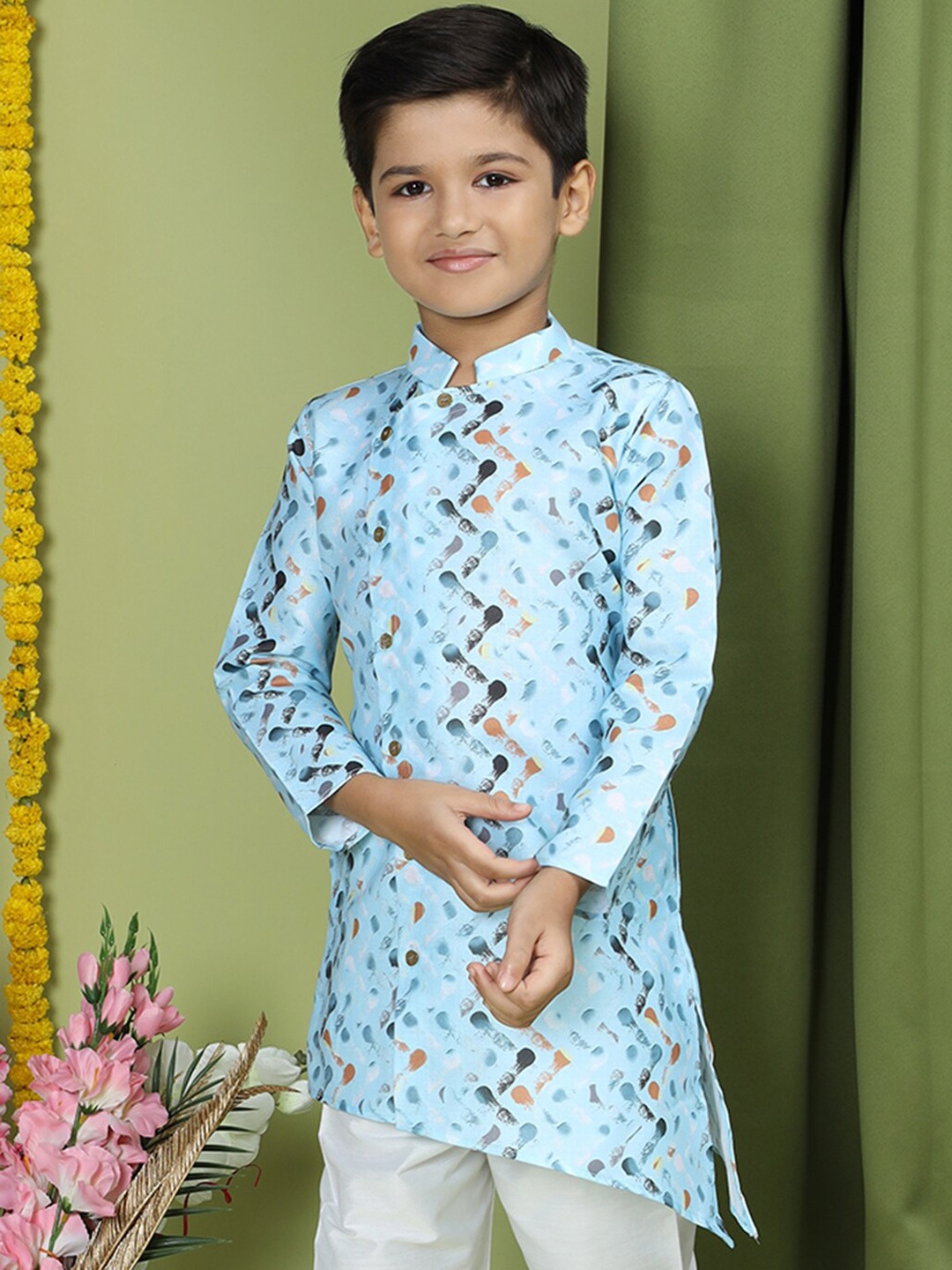 

TABARD Boys Printed Angrakha Cotton Kurta, Blue