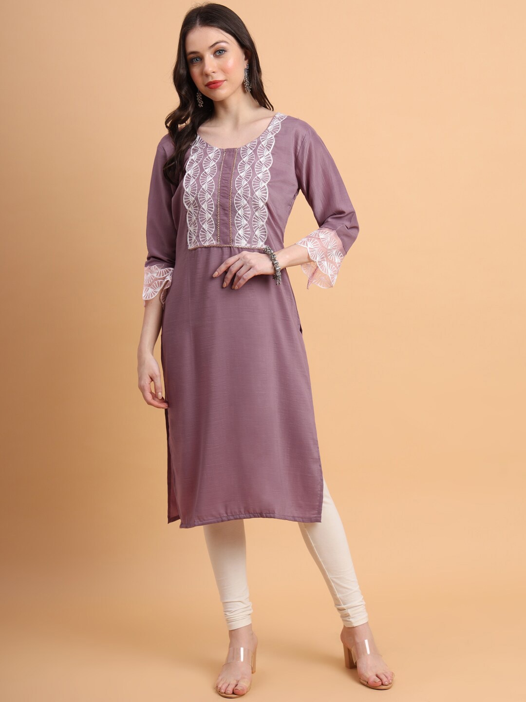 

HERE&NOW Geometric Yoke Design Sequinned Kurta, Mauve