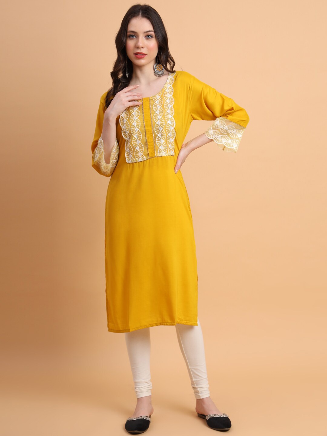 

HERE&NOW Ethnic Motifs Yoke Design Flared Sleeves Straight Kurta, Yellow