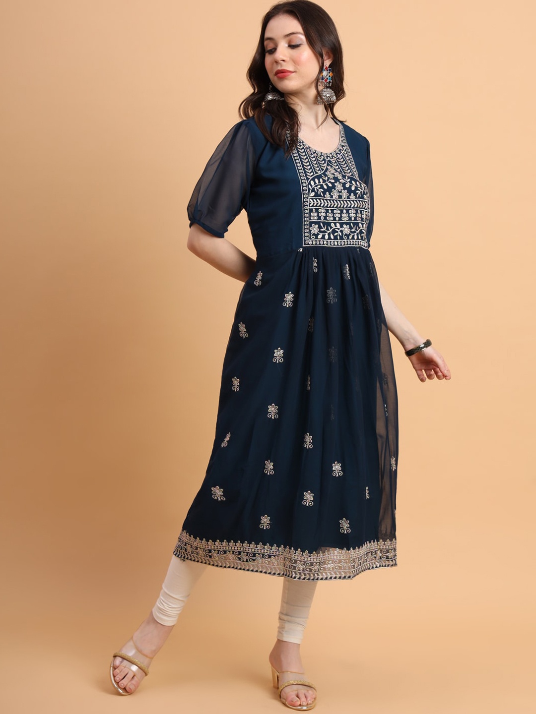 

HERE&NOW Ethnic Motifs Embroidered Thread Work Georgette Anarkali Kurta, Teal