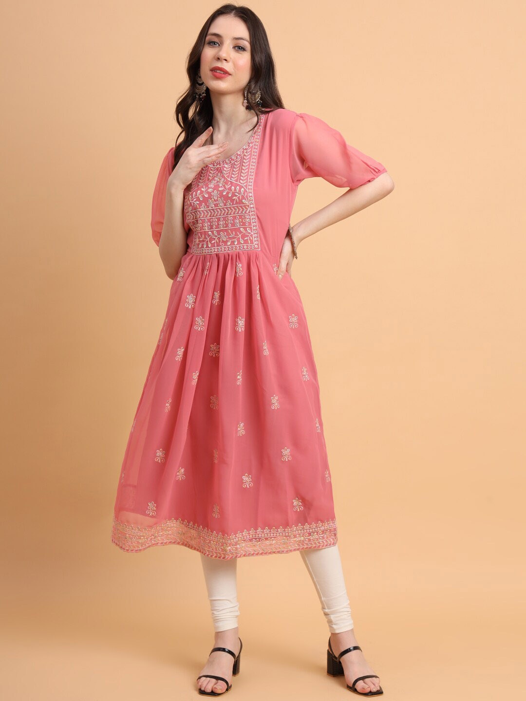 

HERE&NOW Ethnic Motifs Embroidered Georgette Puff Sleeves Pleated A-Line Kurta, Peach