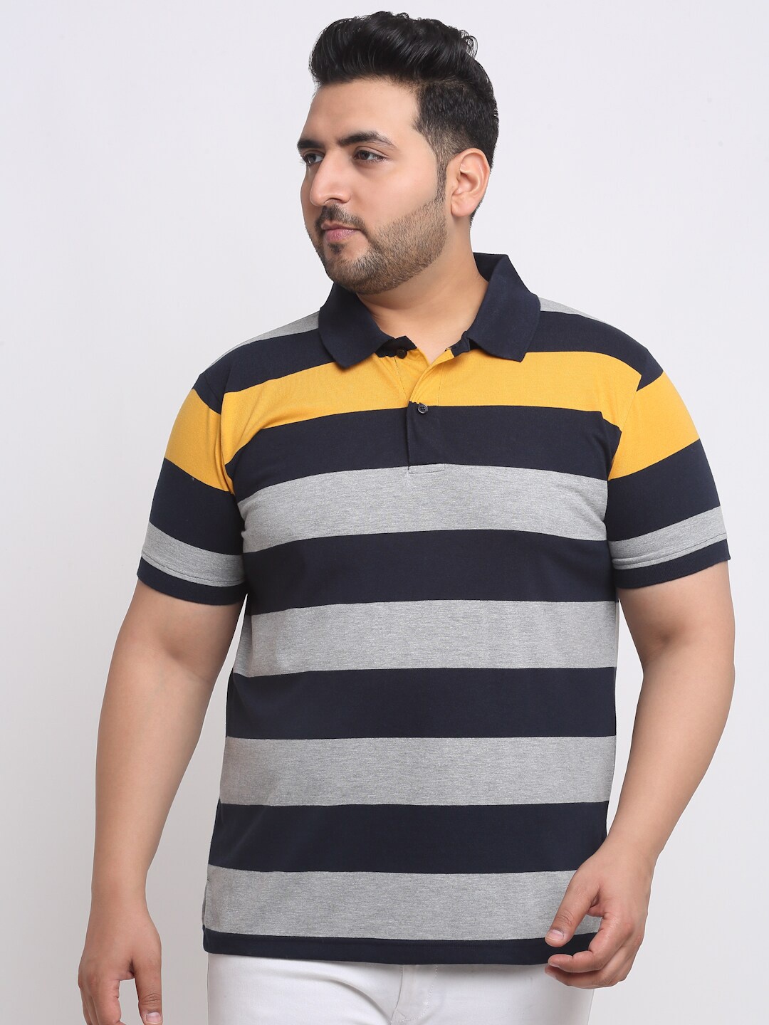 

plusS Plus Size Striped Polo Collar Cotton T-shirt, Grey