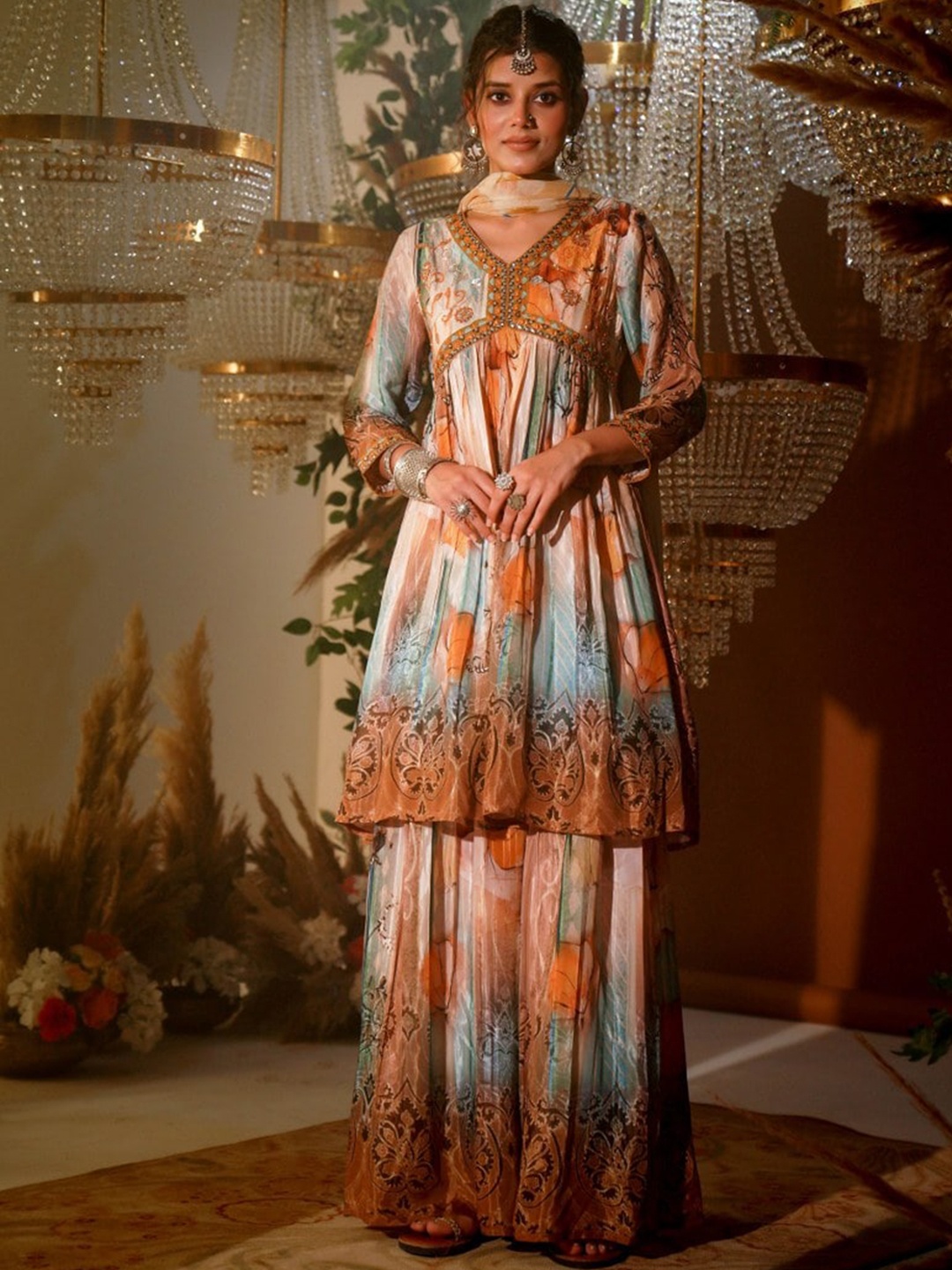 

Zolo Label Ethnic Motifs Printed Empire Kurta With Sharara & Dupatta, Brown