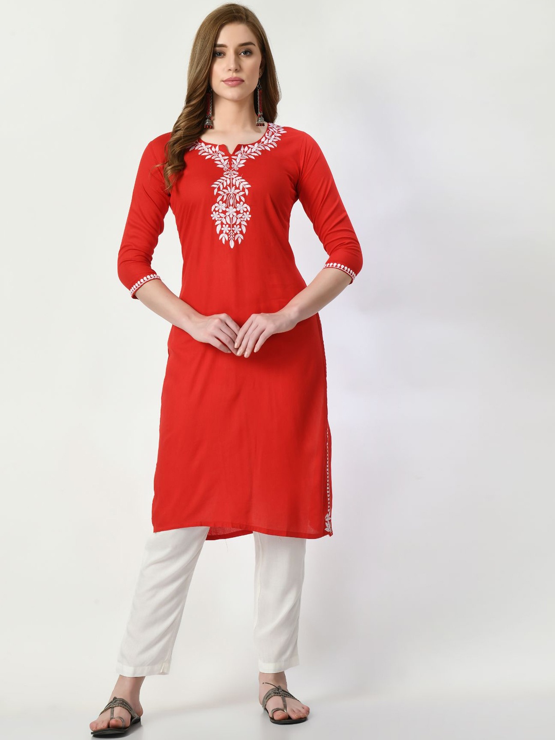 

Rudraaksha Creations Ethnic Motif Yoke Design Chikankari Straight Kurta, Red