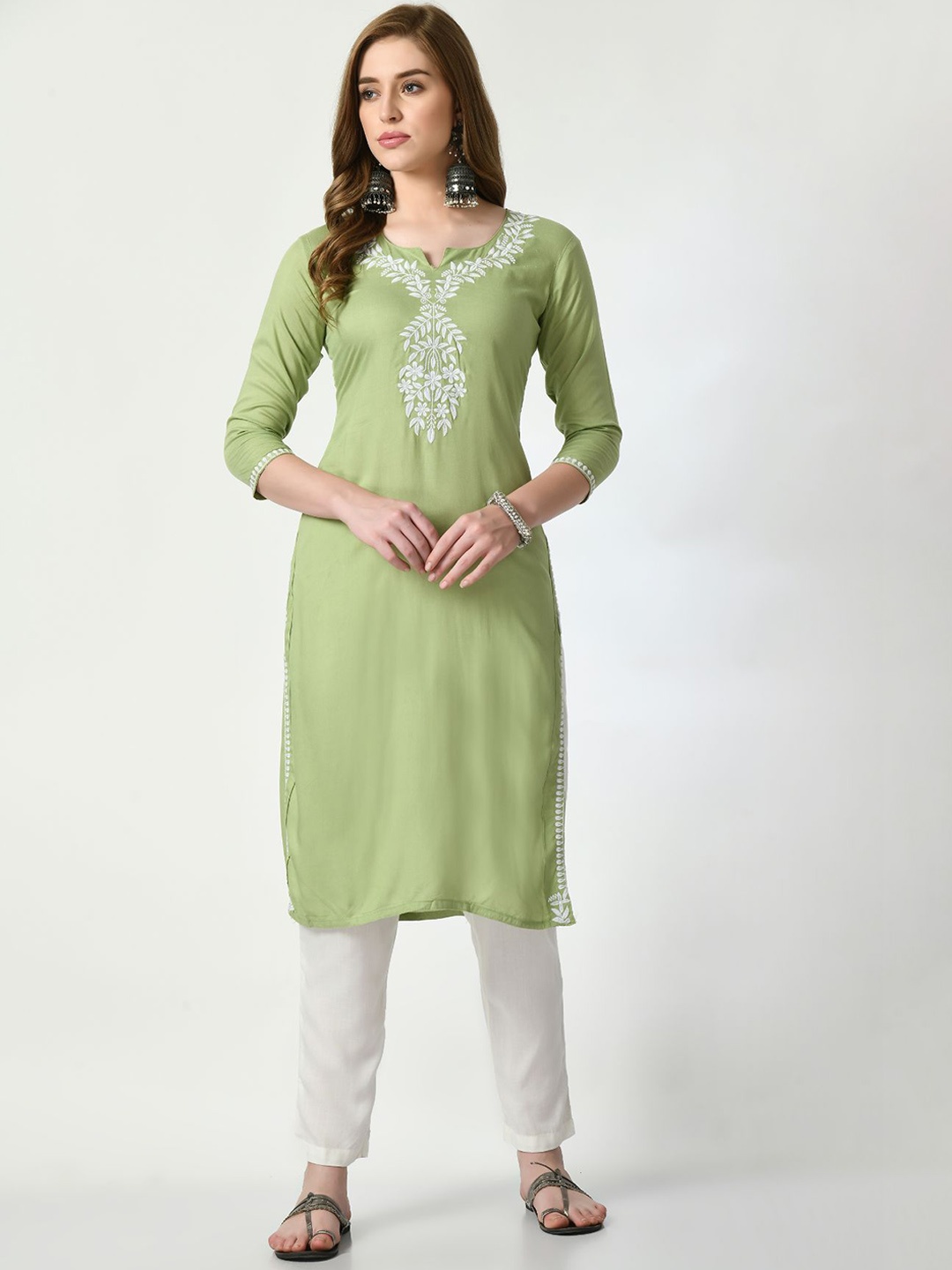 

Rudraaksha Creations Ethnic Motif Yoke Design Chikankari Straight Kurta, Green