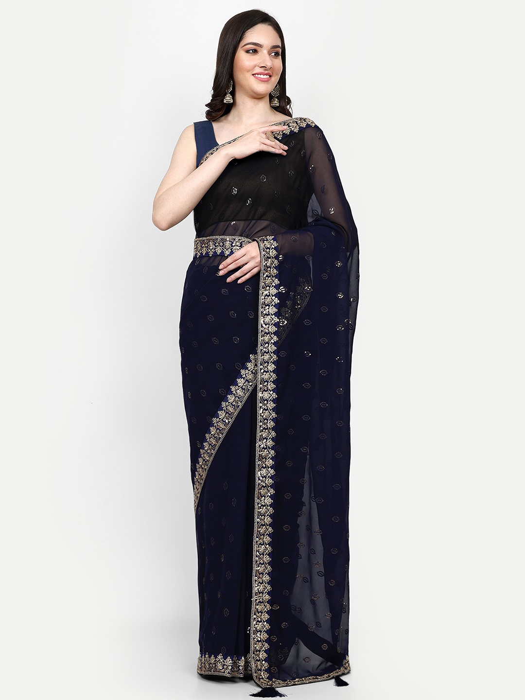 

DWIZA ENTERPRISE Embellished Sequined Pure Georgette Saree, Blue